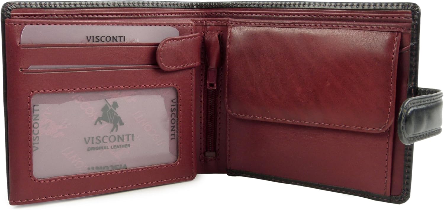 Visconti Leather Mens Tri Fold Wallet Torino Collection Black Red - Image 3