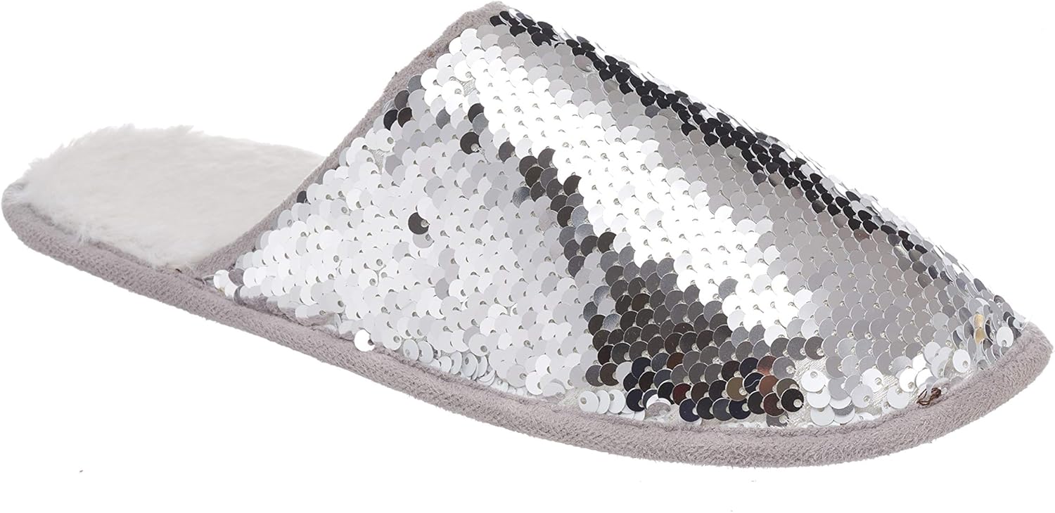 Amazon.com | 26 Accessories Bling Metallic Shine Womens Cozy Sequin Slippers, Silver, L | Slippers