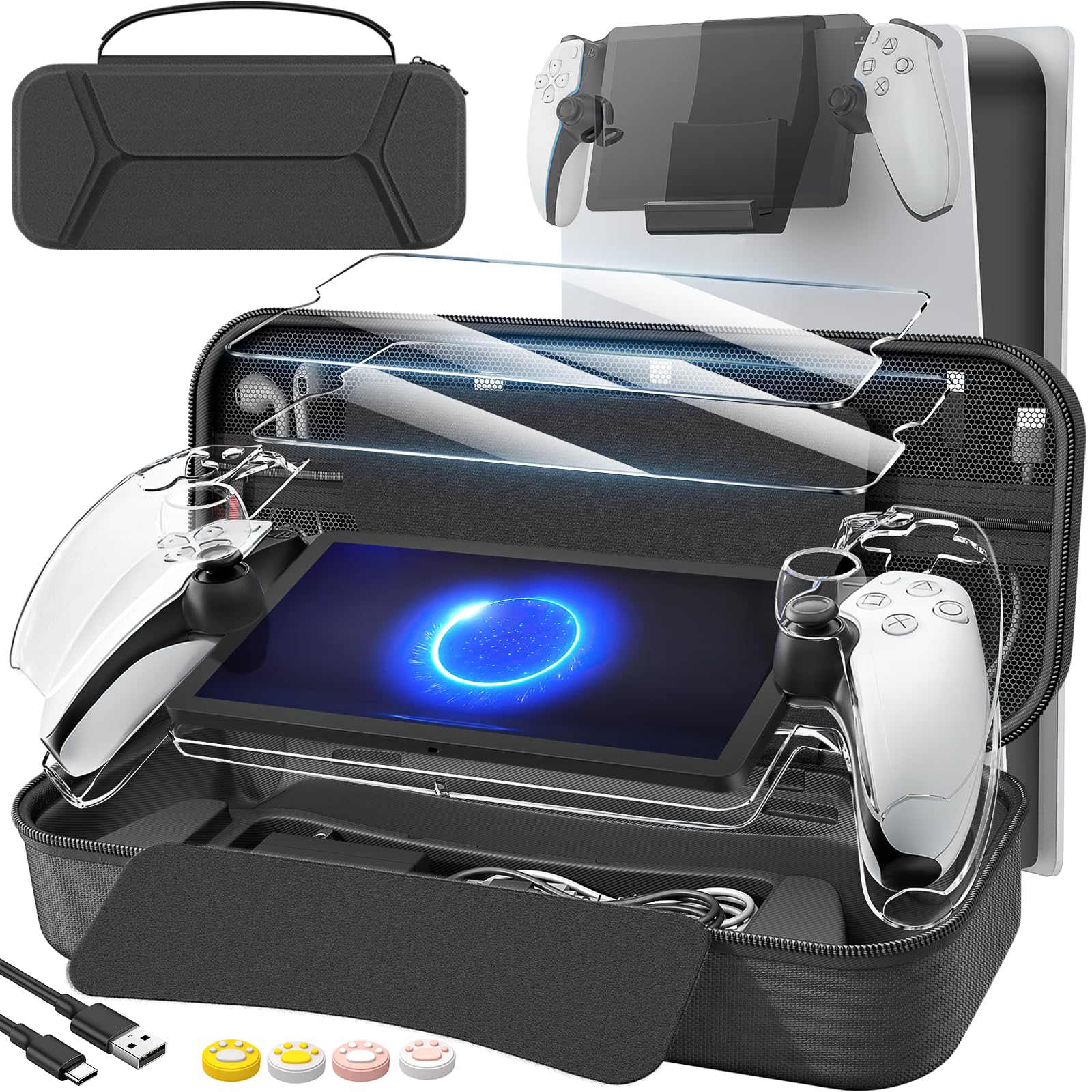 daydayup 14 in 1 Accessories Set Bundle Compatible with Playstation Portal Remote Player, Carrying Case & Charging Cable, Holder Stand with 2 Screen Protectors and 4 Thumb Grips Playstation Consoles