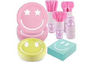durony 350 Pieces Preppy Smile Face Party Decorations Pastel Party Supplies Include Smiley Paper Plates Napkins Cups Forks Knives Spoons for Preppy Pastel Birthday Party Decorations, Serve 50 Guest