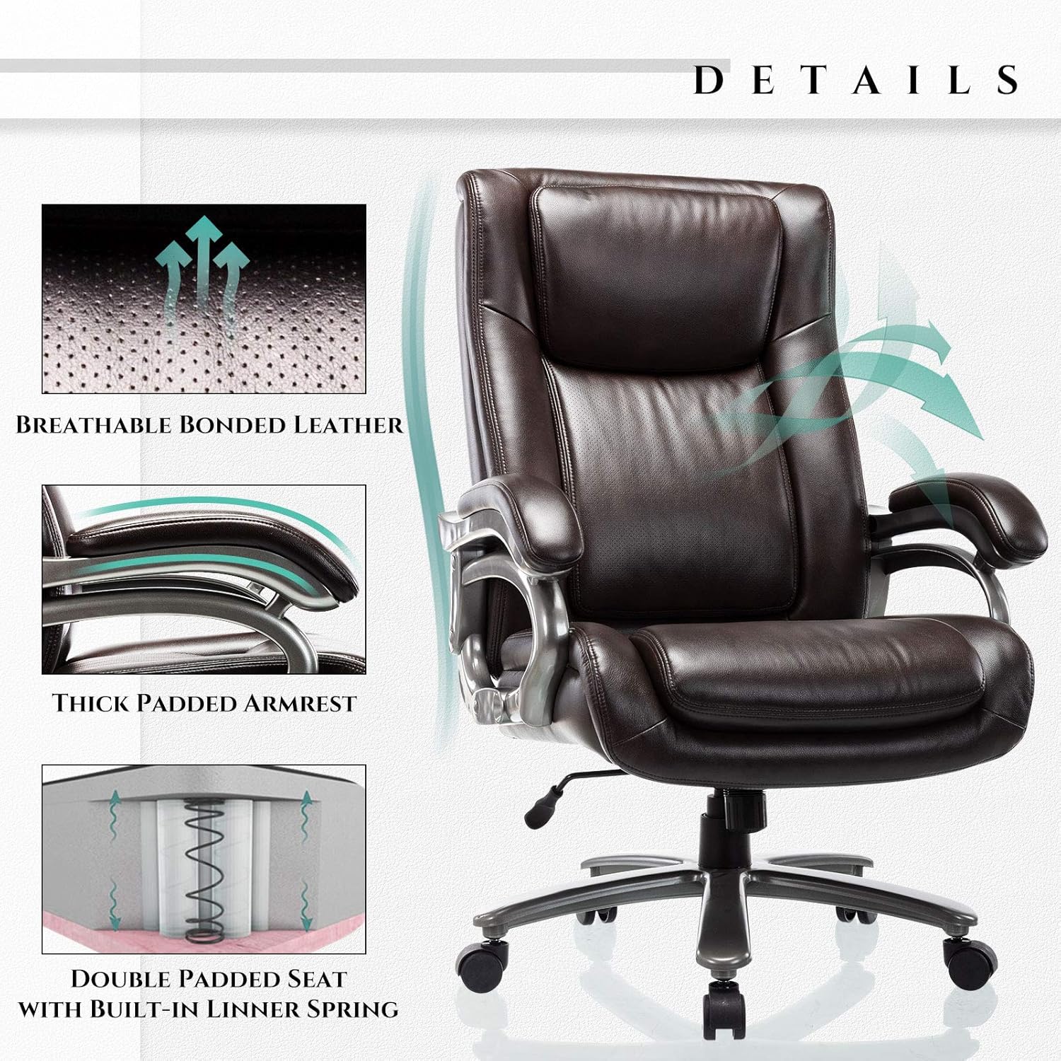 400lb Big & Tall Office Chair - High Back Bonded Leather Executive Managerial Chair, Heavy Duty Metal Base Adjustable Height Thick Padded Seat Ergonomic Design Large Computer Swivel Task Desk Chair: Kitchen & Dining