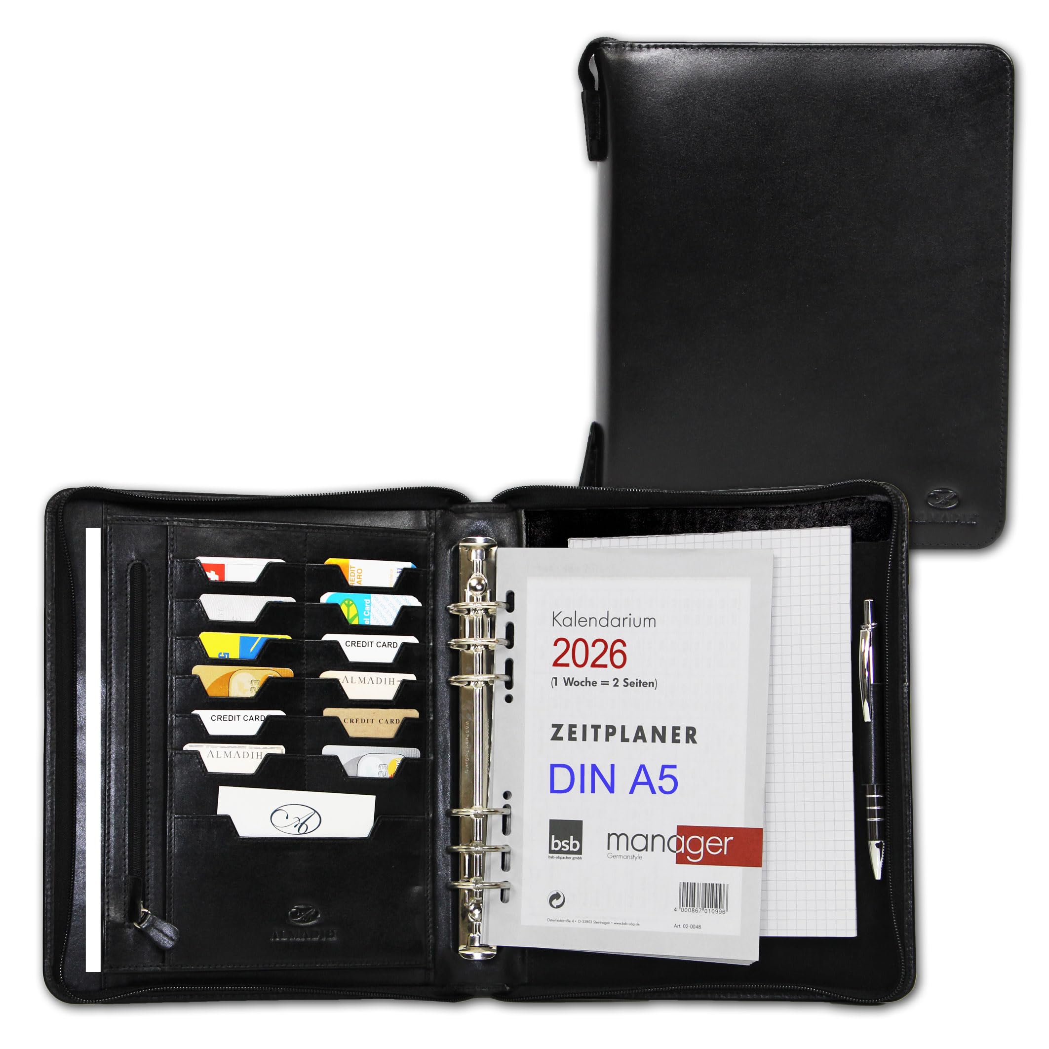ALMADIH Leather A5 Organizer with Rings, Zipper, Calendar 2025 Writing Pad from Premium Cow Leather black - Personal Planner Conference Folder System Ring Binder Zipper Portfolio Folio Workbook