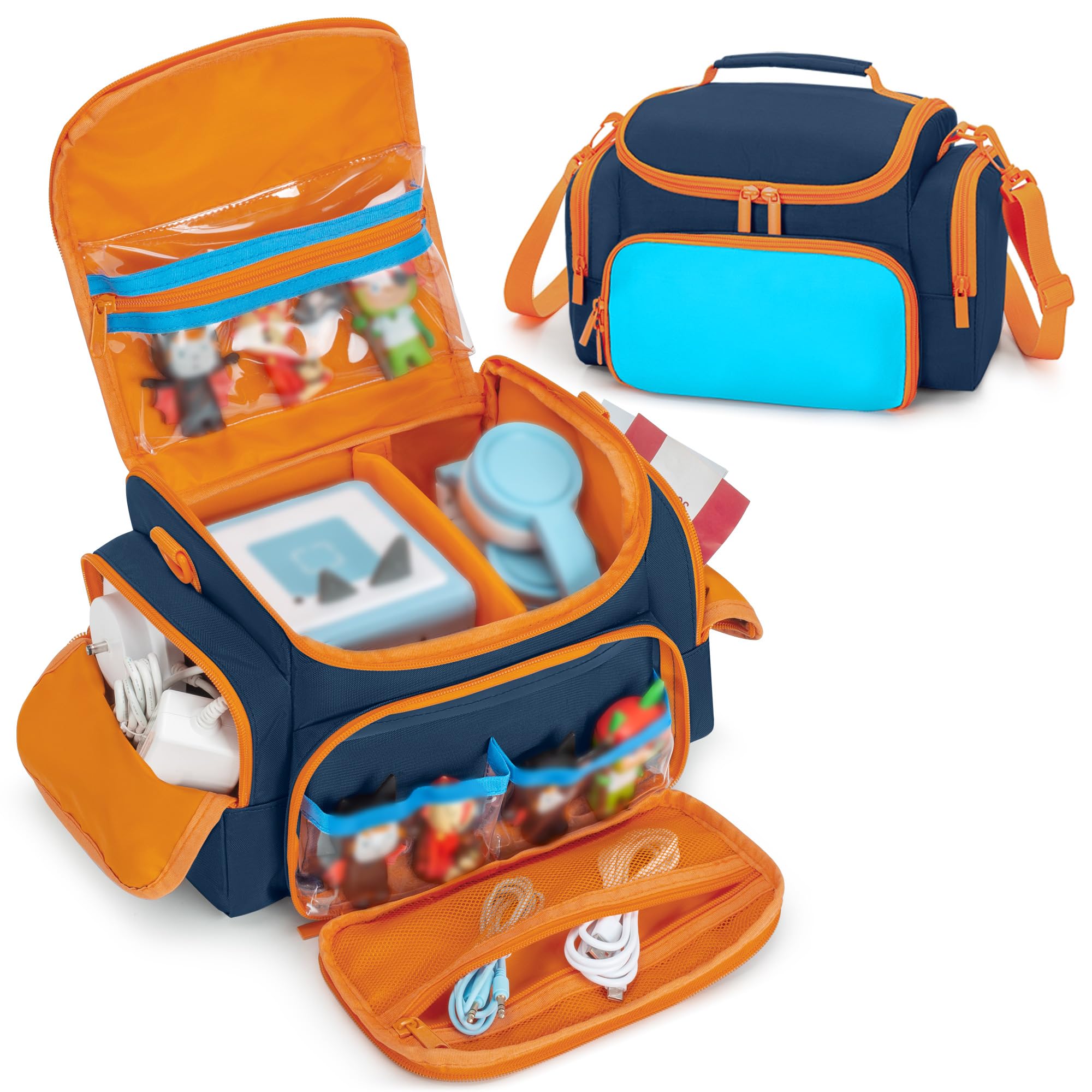 LoDrid Travel Case Compatible with Toniebox 2/1 for Audio Player Set with Shoulder Strap and Handle, Storage Bag with Multiple Pockets for Charge, Headphone and Accessories, Blue, Bag only