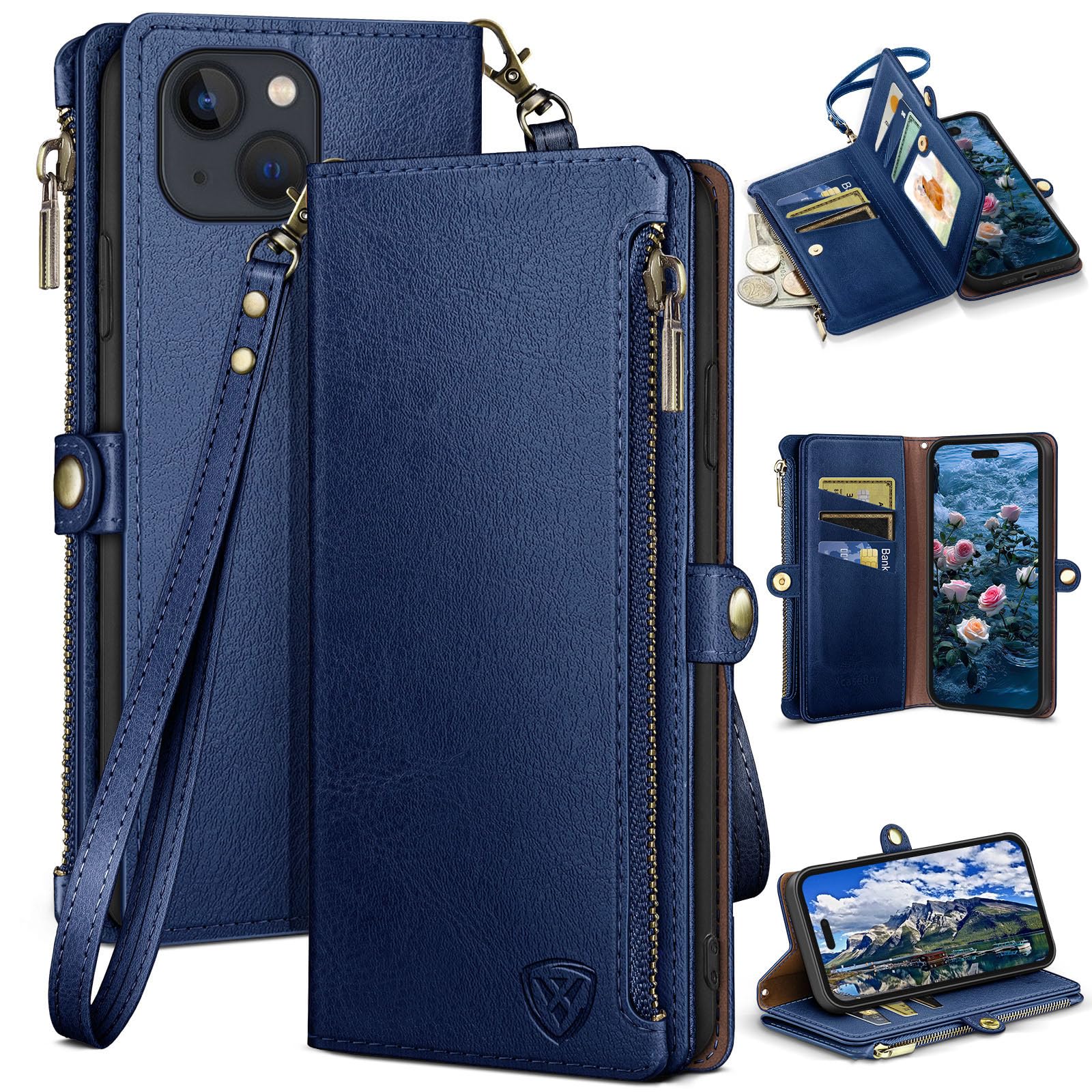 Photo 1 of XcaseBar Compatible with iPhone 15 6.1" Wallet case with Zipper Credit Card Holder?RFID Blocking?,Flip Folio Book PU Leather Phone case Shockproof Cover Men Women for Apple 15 case Blue