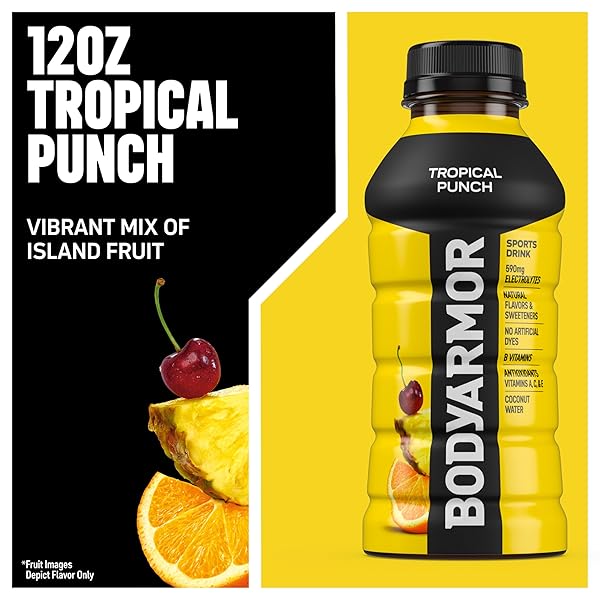 BODYARMOR SPORTS DRINK SPORTS BEVERAGE, TROPICAL PUNCH, COCONUT WATER HYDRATION, NATURAL FLAVORS WITH VITAMINS, POTASSIUM-PACKED ELECTROLYTES, PERFECT FOR ATHLETES, 12 FL OZ (PACK OF 8)