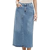 Allegra K Denim Skirt for Women Midi Length Elastic Waist Split Back Long Jean Skirts