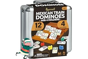 QUEENSELL Mexican Train Dominoes Set with 4 Holders - Dominoes Double 12 with Wooden Hub and Tiles Holders - Double 12 Dominos Set for Family Game Night for Adults and Kids Ages 8 and up (D12 + 4 Holders)