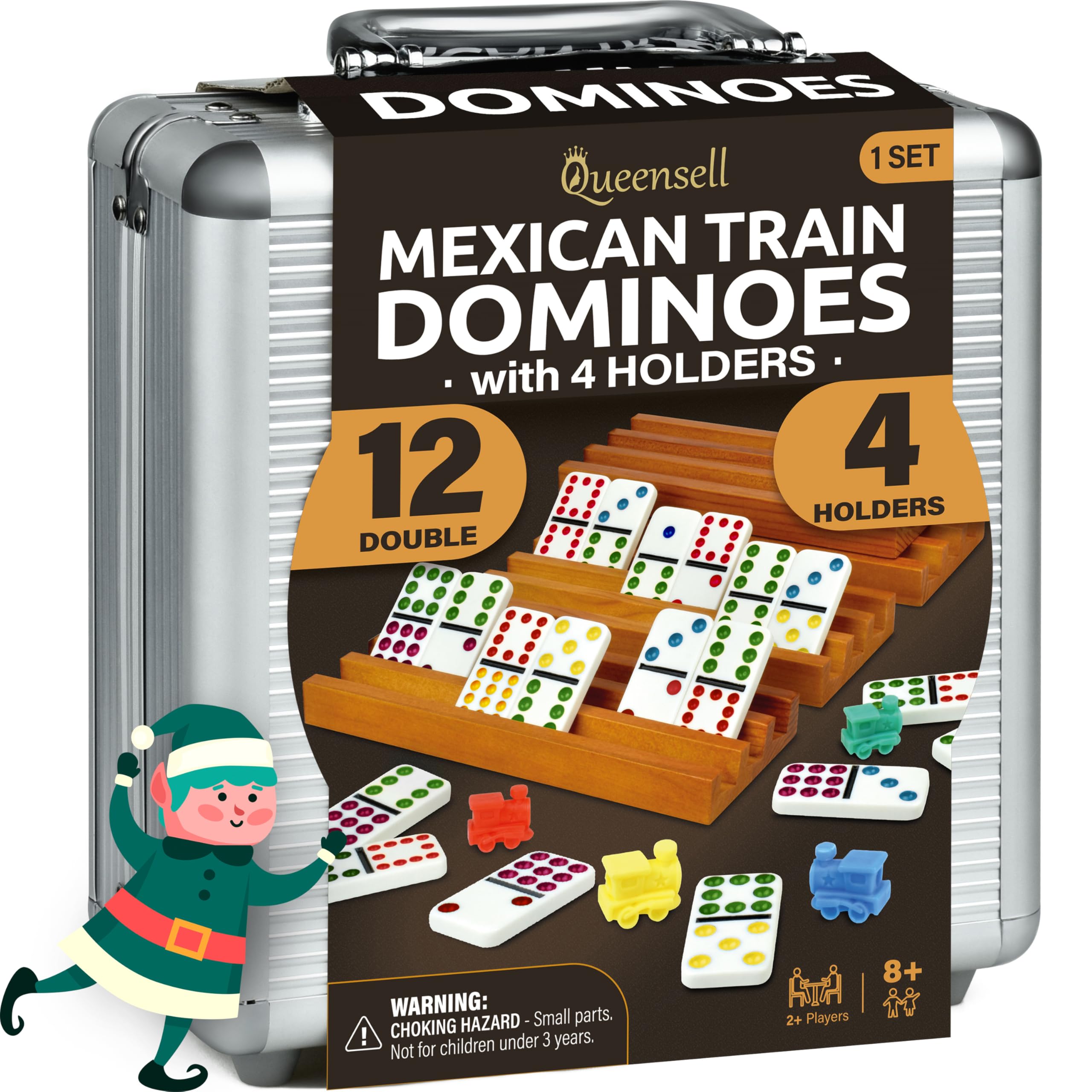Photo 1 of *USED* Mexican Train Dominoes Set with 4 Holders - Dominoes Double 12 with Wooden Hub and Tiles Holders - Double 12 Dominos Set for Family Game Night for Adults and Kids Ages 8 and up (D12 + 4 Holders)