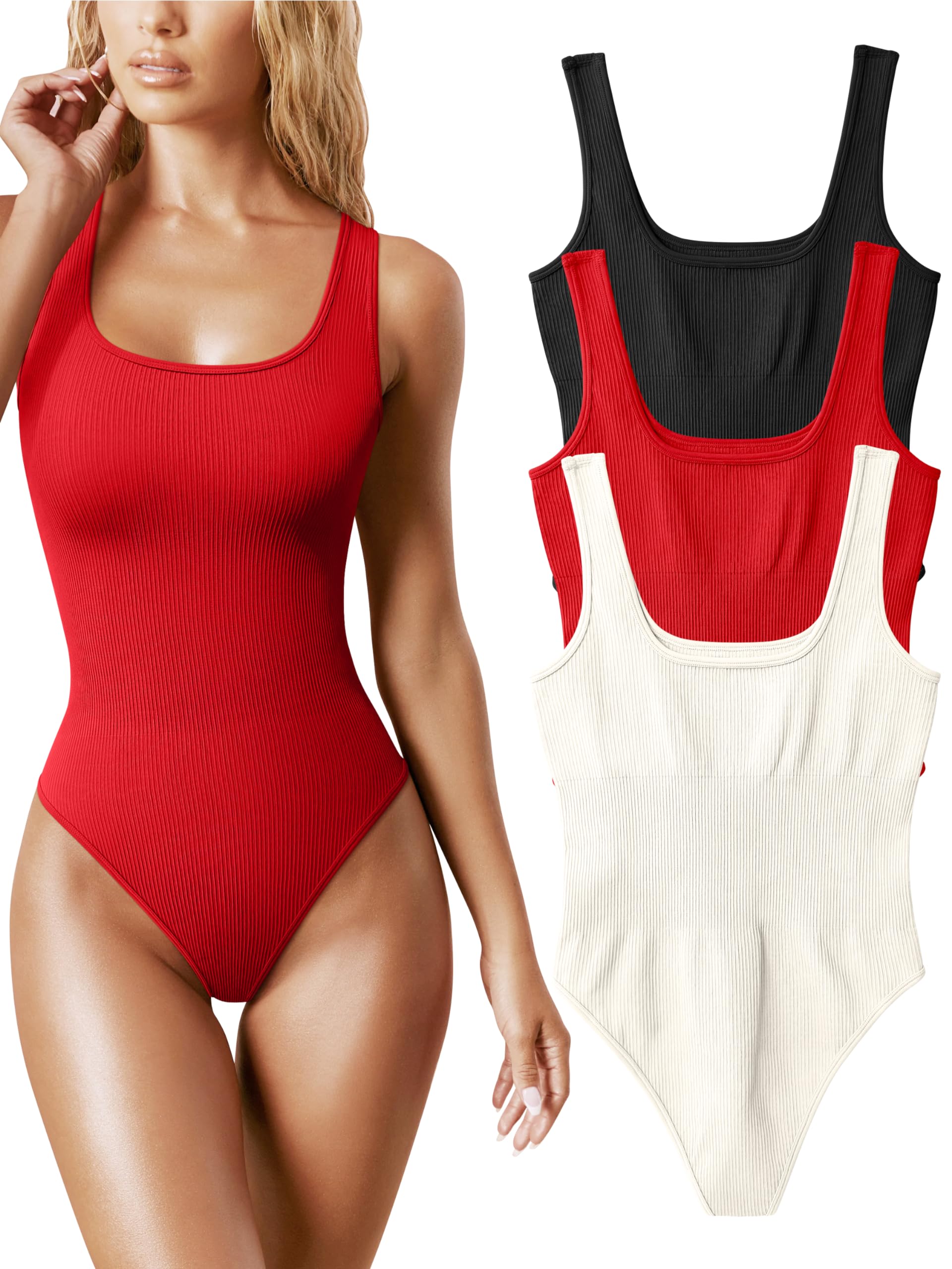 Photo 1 of OQQ Women's 3 Piece Bodysuits Sexy Ribbed Sleeveless Square Neck Tank Tops Leotard 2025 Trendy Outfits Black Red Beige