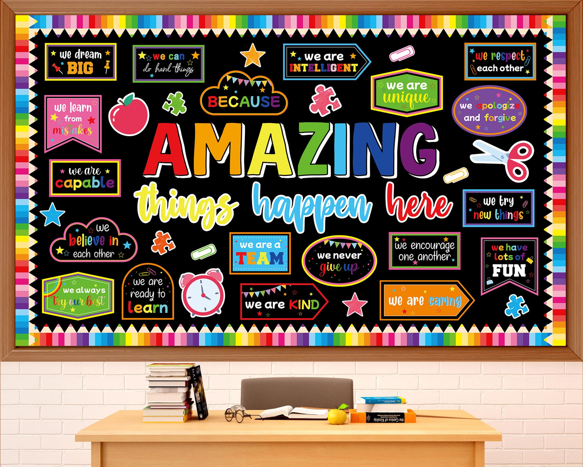 Photo 1 of gisgfim Welcome Back to School Bulletin Board Decorations Set Amazing Things Happen Here Classroom Colorful Paper Cutouts Motivational Pencil Bulletin Board Borders Decor for Nursery Chalkboard Wall