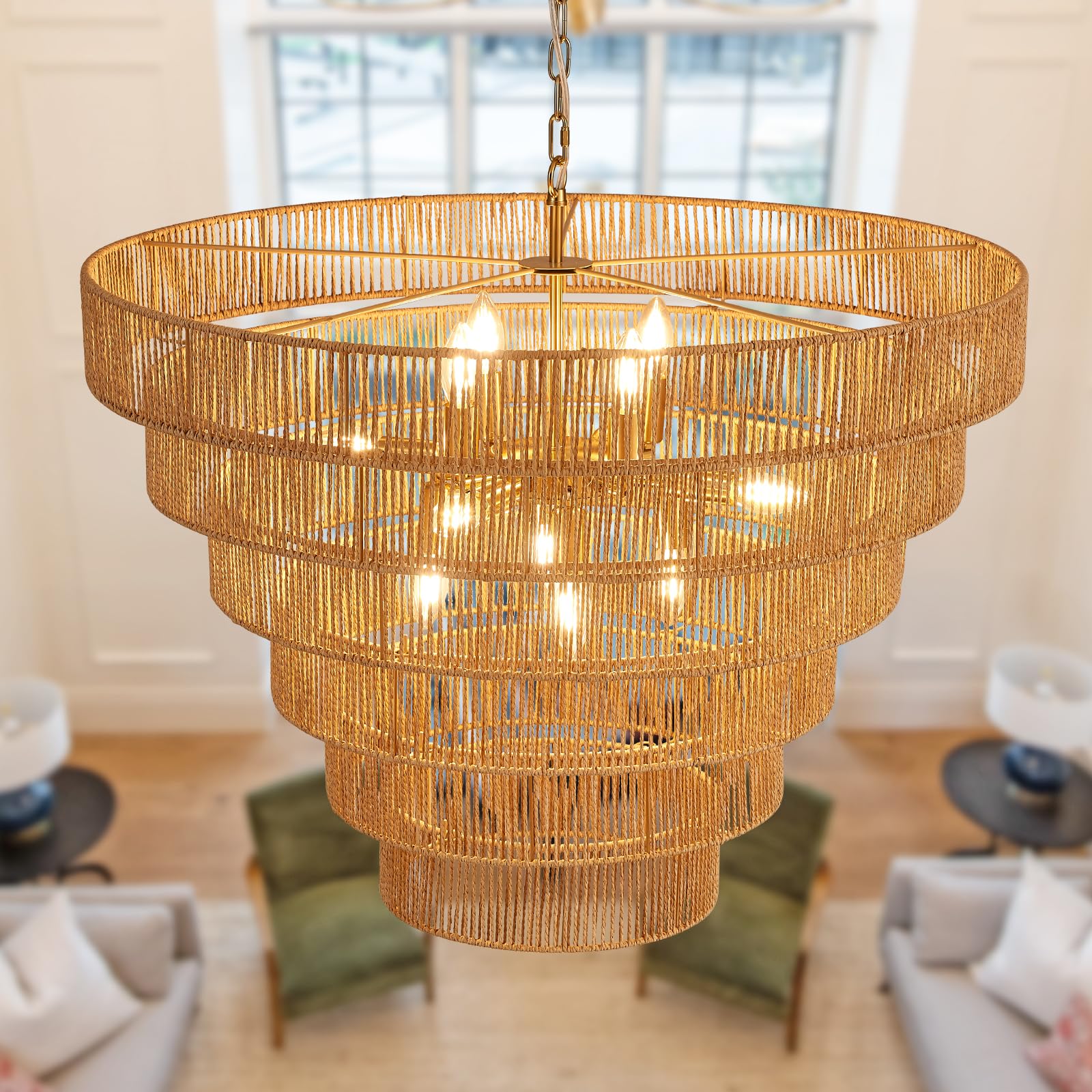 YOMECOO 31.49" Large Rattan Chandelier Vintage