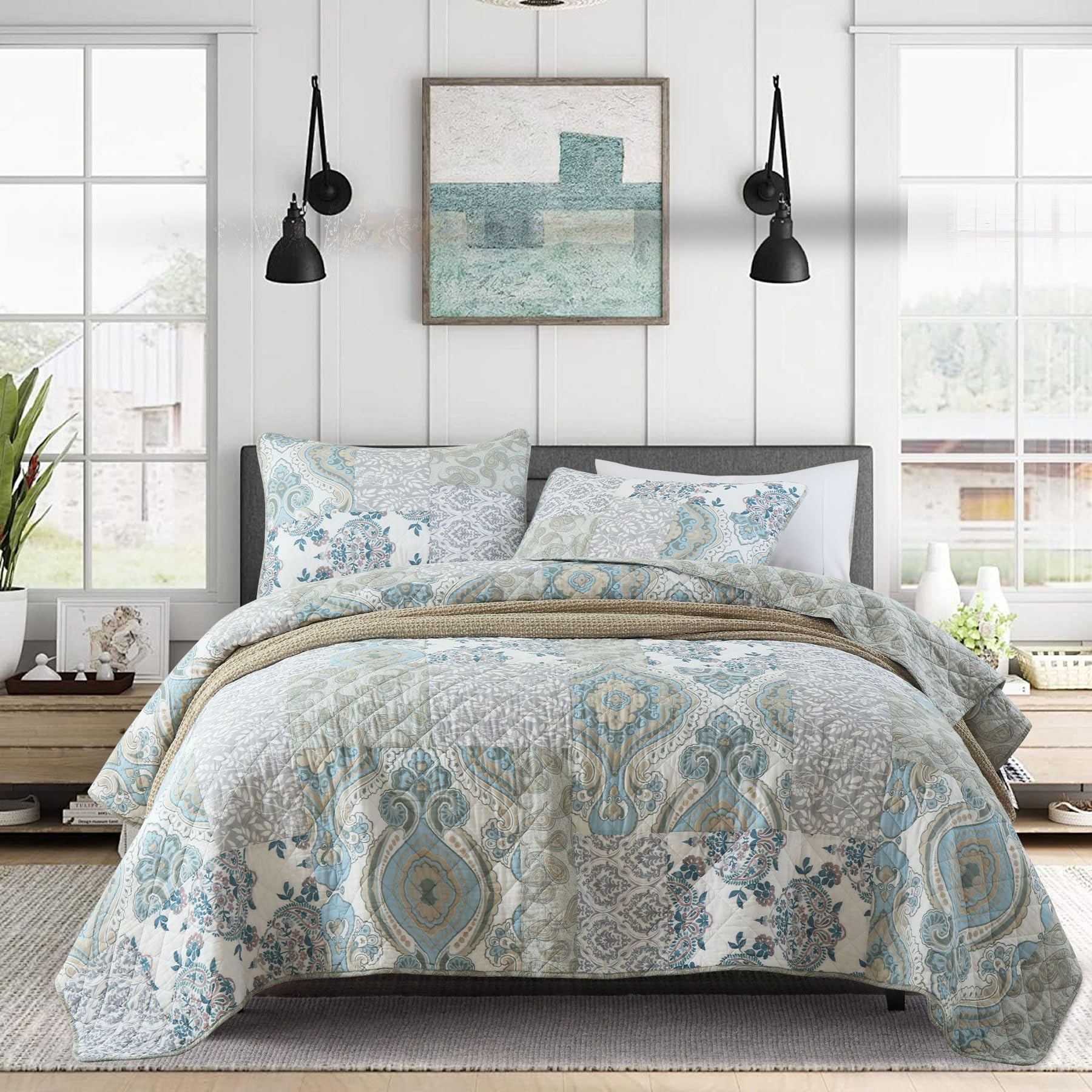 Photo 1 of Secgo Queen Size Comforter Set- 100% Cotton Quilt Queen Size Set, Green, Sage bedspreads (90 * 96 Inch) with 2 Pillow Shams, Patchwork Reversible Lightweight Bedding