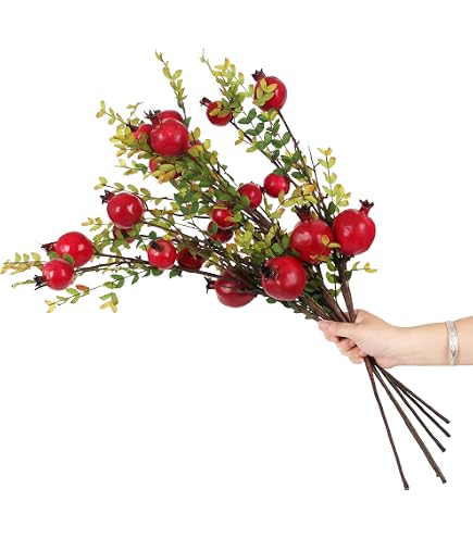 10 Pcs Artificial Pomegranate Flower Stems - 31.5 Inch Tall Faux Fruit Branches For Fall & Wedding Decor