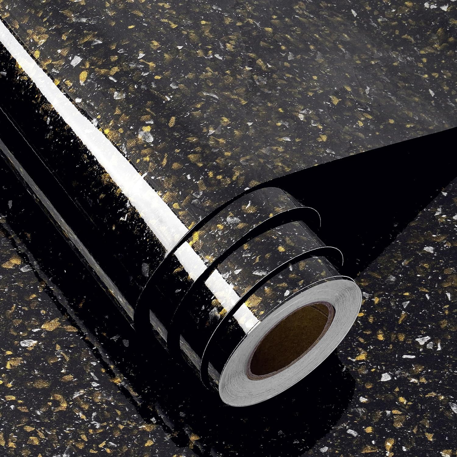 FunStick 60CM×5M Terrazzo Peel and Stick Wallpaper for Table Kitchen Splashback Black and Gold Stone Wallpaper for Walls Living Room Terrazzo Vinyl Wrap for Kitchen Worktop Cupboards Black Gold Marble