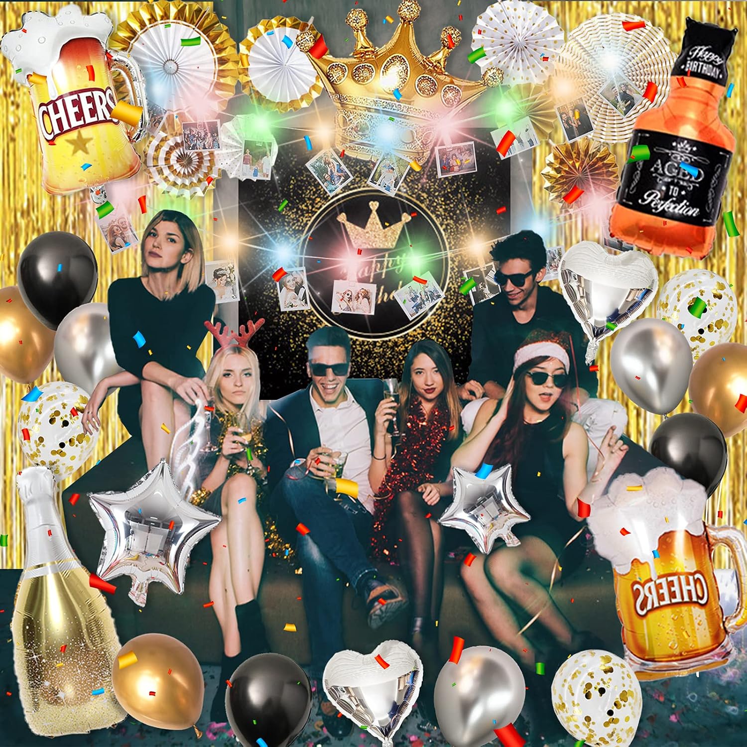 Adult Birthday Party Decoration for Men and Women Gold Theme Happy Birthday Poster Supplies Set With String Light for Charming night- All Total 79 Pcs - Image 3