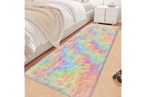 Fluffy Rainbow Rug for Girls Bedroom 2x6 Feet Kawaii Tie Dye Runner Rug Cute Colorful Unicorn Area Rug for Kids Teens Nursery