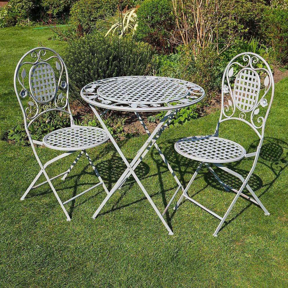Home Source Meadow Bistro Set Table & 2 Chairs Metal Frame Grey