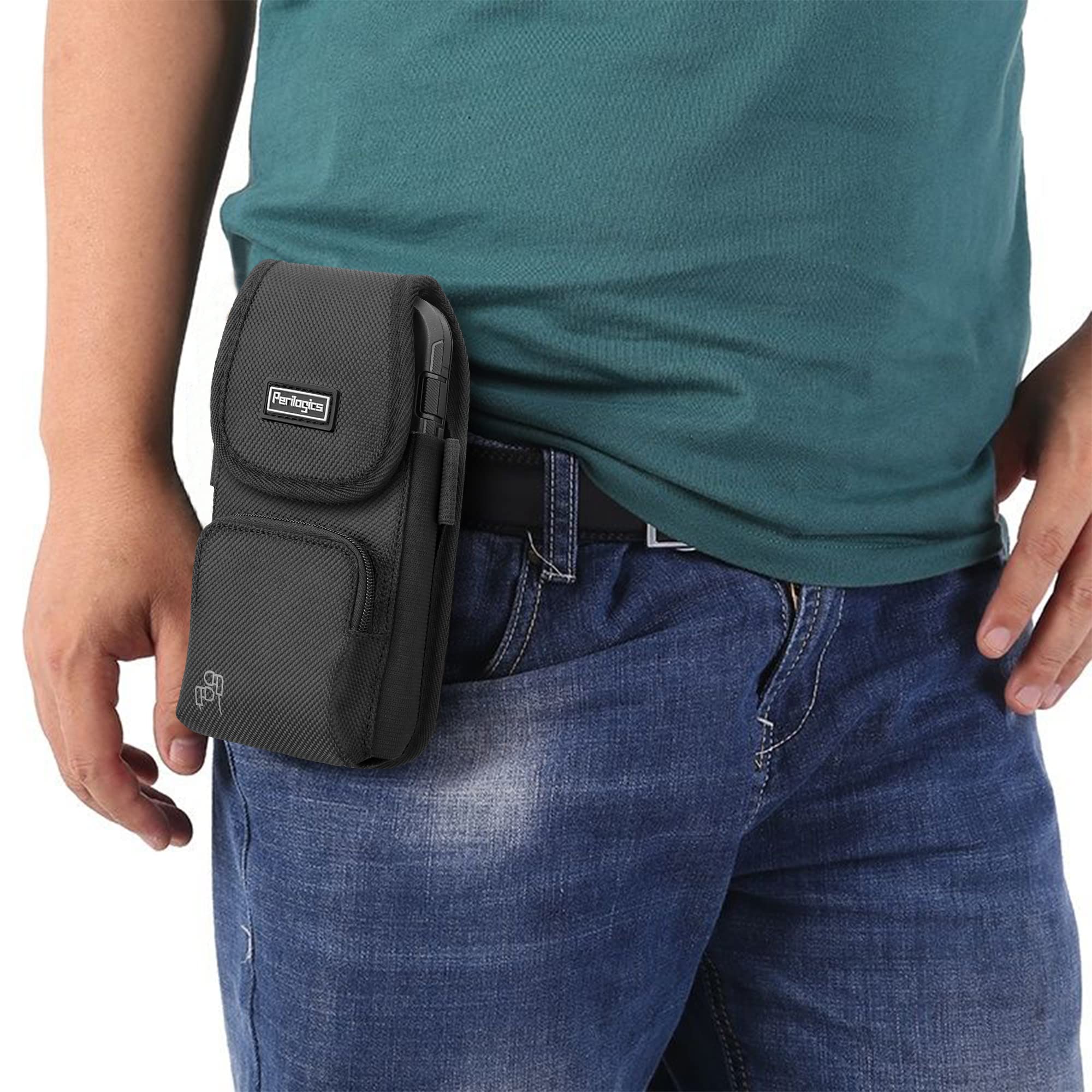 Perilogics Phone Holster with Magnetic Cover. Belt Clip Pouch for iPhone 16 Plus, 16 Pro Max and All Plus and Pro Max Models with Case Installed. Zipper Storage and Credit Card Pocket.