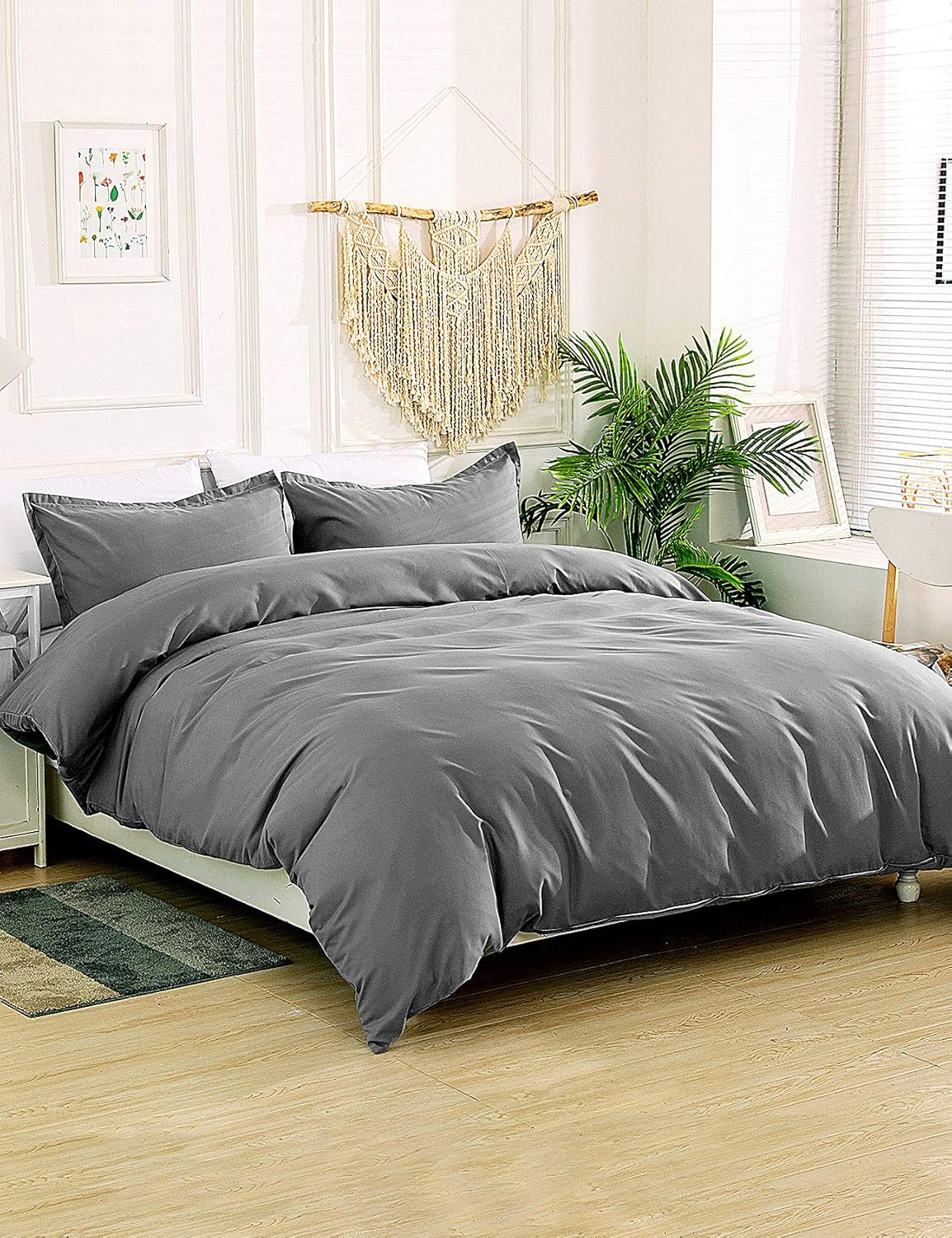 Reindeer 3 Pieces Duvet Cover Queen - Soft Brushed Microfiber Queen Size Comforter Set Breathable Bedding Set with Zipper Closure & Corner Ties, Gray: Home & Kitchen