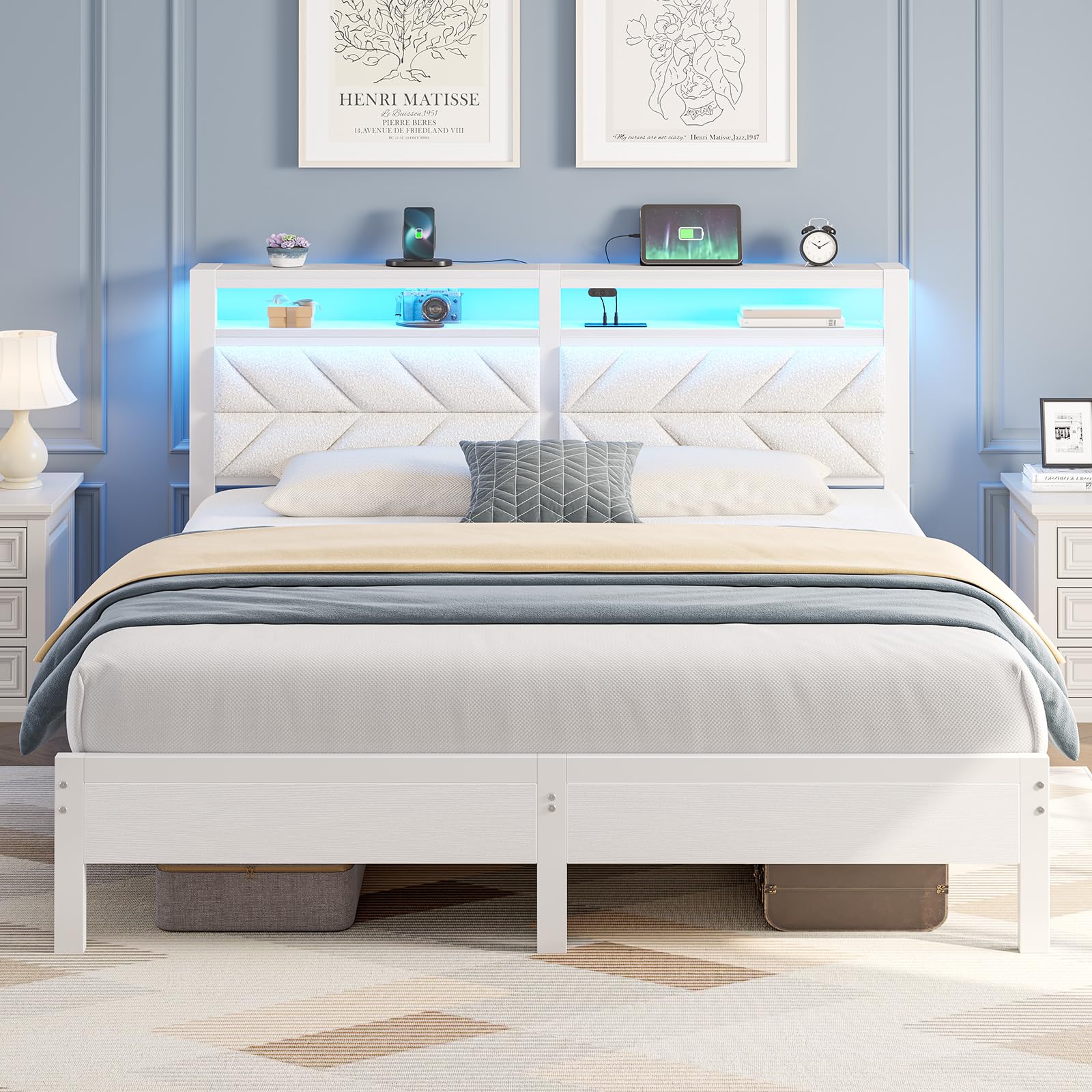 Seventable Bed Frame King Size with Charging Station, LED Bed with Upholstered Storage Headboard, Metal Platform Bed with Under Bed Storage, No Box Spring Needed, Noise Free, Easy Assembly, White Image