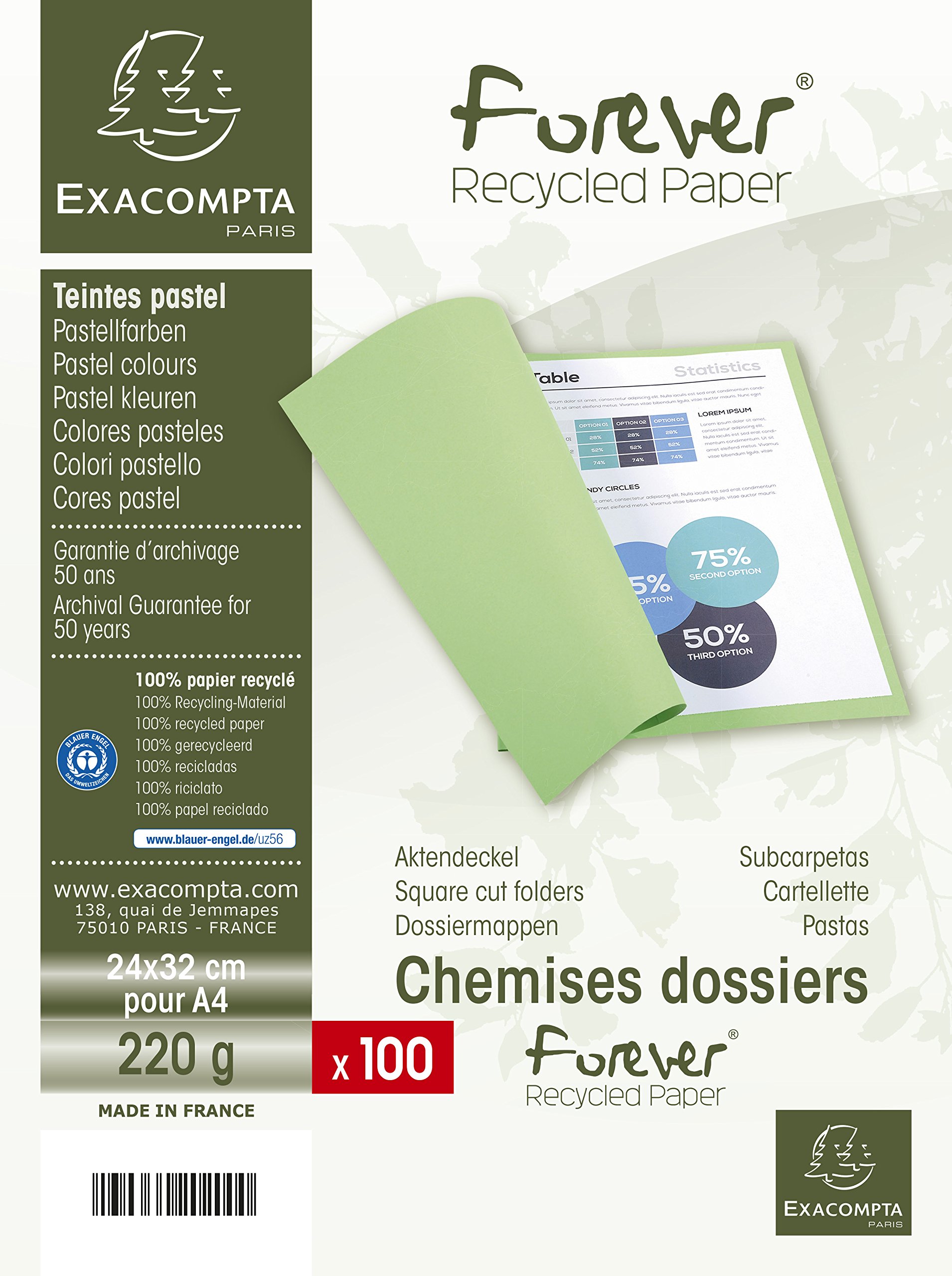 Exacompta - Ref 410003E - Forever Collection - Recycled Square Cut Folder - A4 (210 x 297mm), 220gsm Recycled Board, Blue Angel Certified - Pink (Pack of 100)