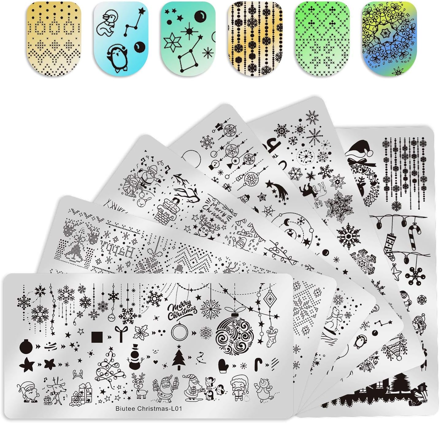 Biutee Nail Stamping Plates 6pcs Templates with Double-head stamper Nail Art Plates set