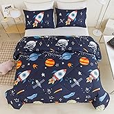RYNGHIPY Kids Comforter Set Queen Size, Cute Space Rocket Bedding Set for Boys Girls, Teen Boy Bedding (Space Rocket, Queen)