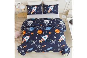 RYNGHIPY Kids Comforter Set, Full Size, Cute Space Rocket Bedding Set for Boys & Girls, Space Themed Teen Boy Bedding
