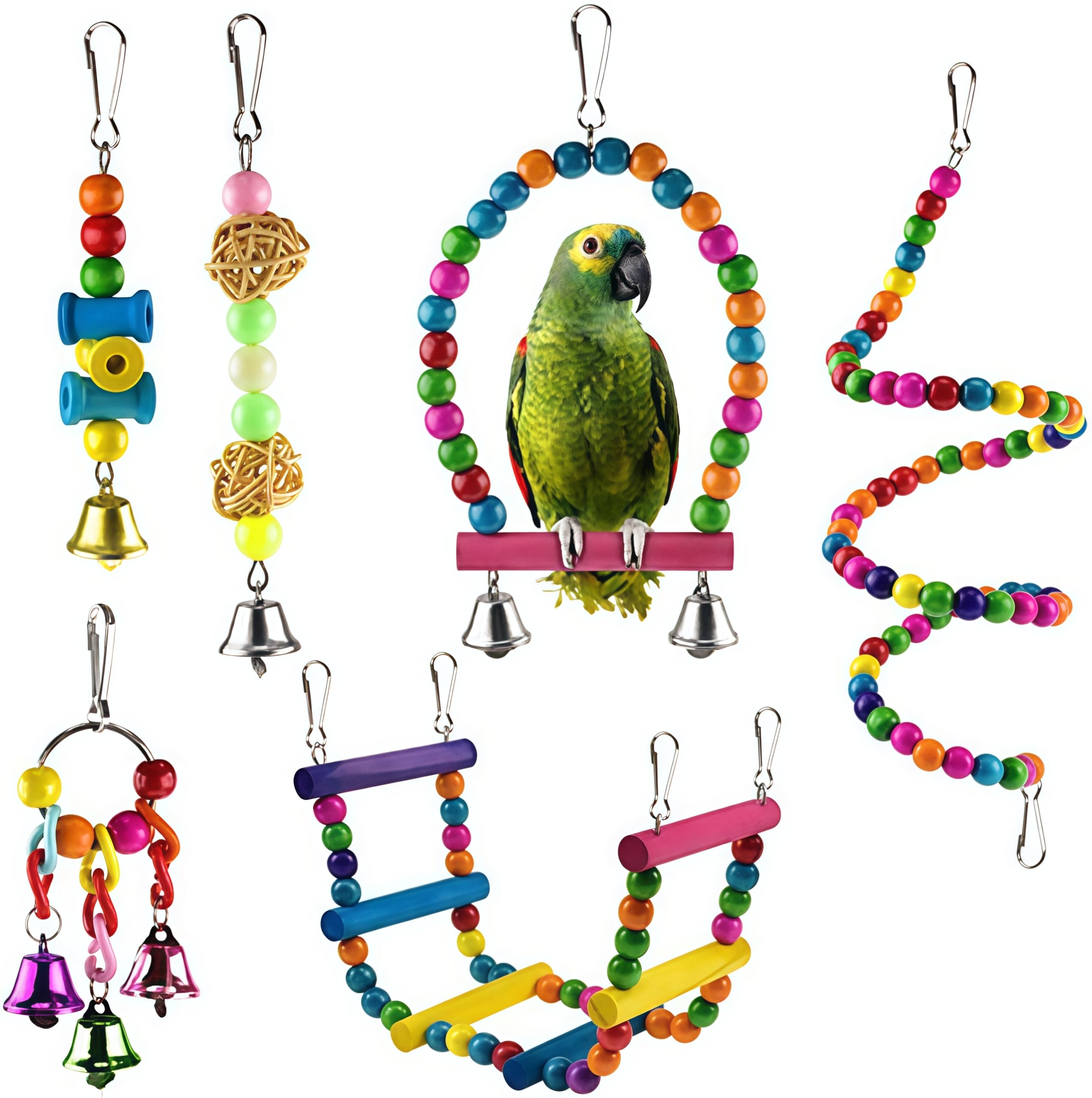 Pack of 6 colourful toys for parrots, perches for parrots, swing for hanging, bird parrot swing toy with bells.