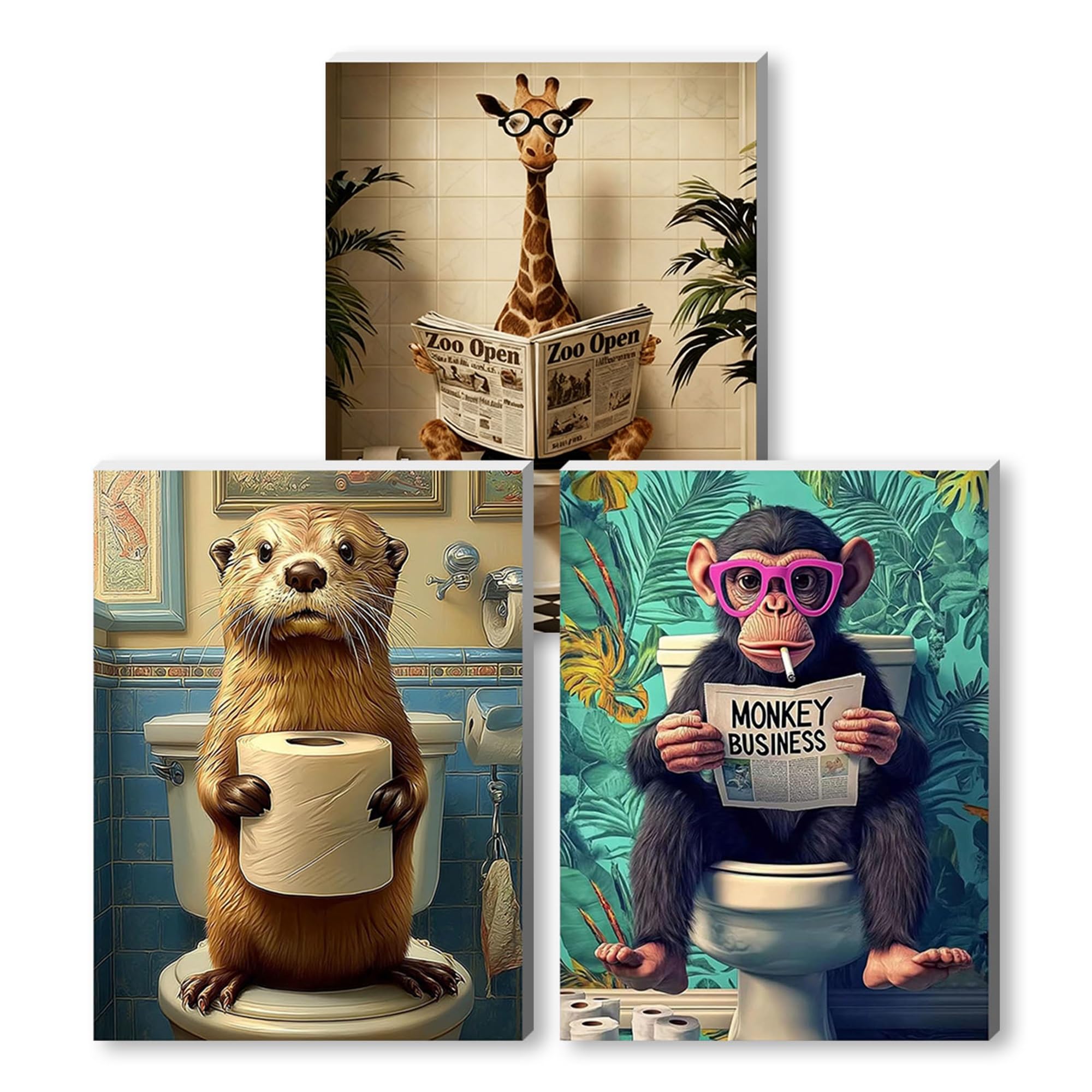 3PCS Animal DIY Paint by Number for Adults,Toilet Wooden Framed Painting Kits for Adult,Bathroom Easy Color by Numbers,HumorSmall Paint by Number Canvas Crafts Watercolor for Beginner Room Decor