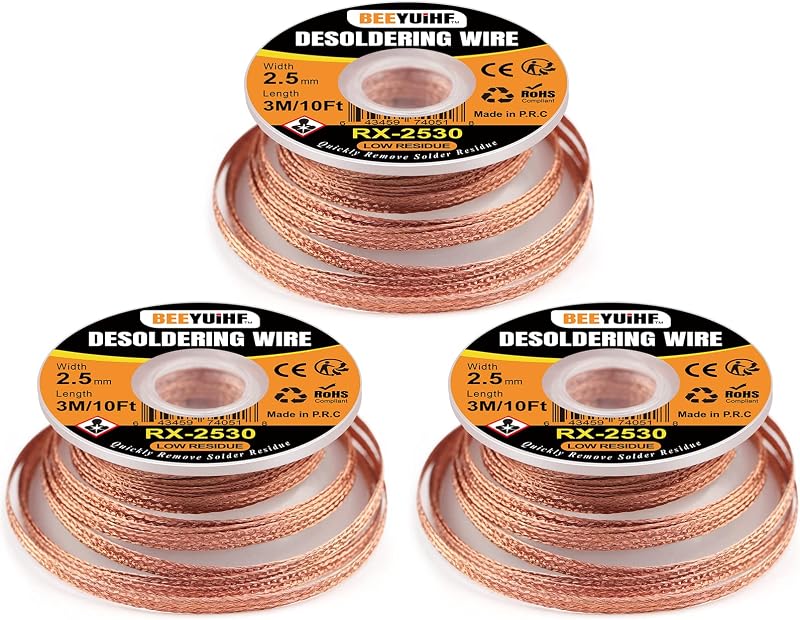 BEEYUIHF Desoldering Wick Braid Flux No-Clean Copper Wire 2.5mm x 3M 3Pcs