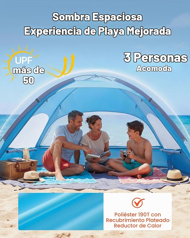Tienda de playa para 3 personas, carpa de refugio de sol protección upf 50+, carpa portátil de playa con bolsa de transporte y bolsillos para arena, para acampar, pescar, picnics al aire libre