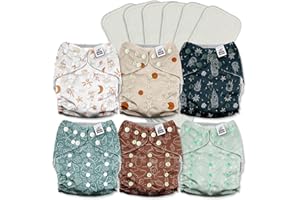 Mama Koala 3.0 Cloth Diapers for Babies with AWJ Lining, 6 Pack with 6 5-Layer Natural Cloth Diaper Inserts - Reusable and Washable Pocket Diapers(A-Seashore)