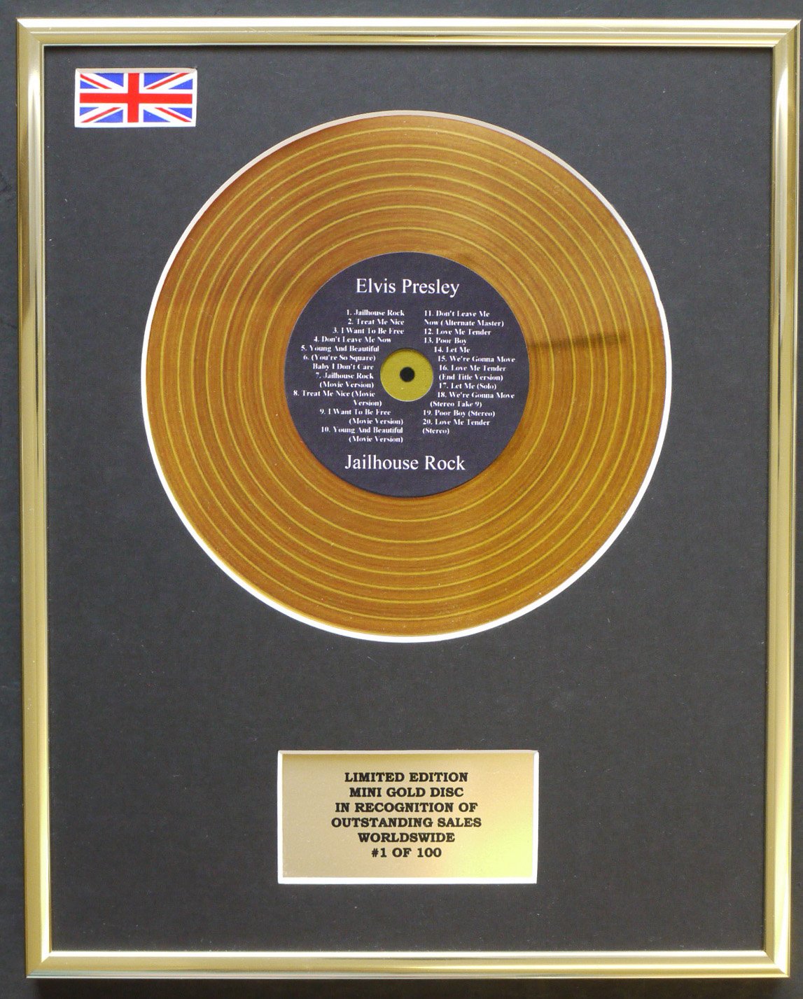 ELVIS PRESLEY/MINI GOLD DISC DISPLAY/LIMITED EDITION/COA/JAILHOUSE ROCK