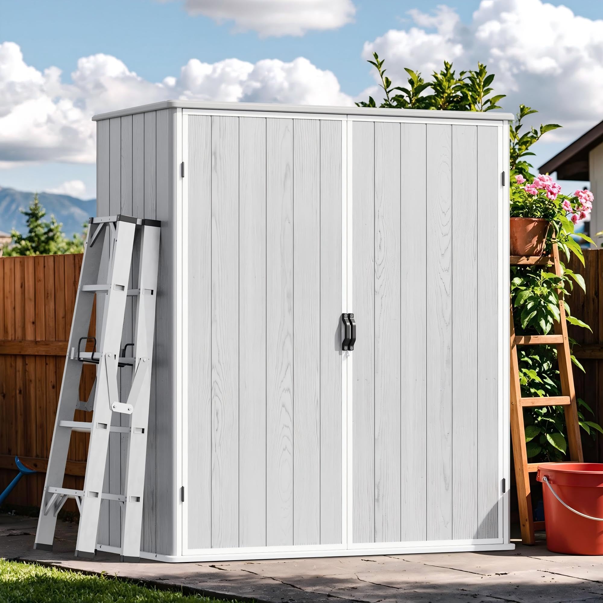 Devoko Cobertizo de almacenamiento de resina de 5 x 3 pies con piso, gabinete de almacenamiento de plástico para exteriores con puerta con cerradura, cobertizo vertical impermeable para herramientas, pequeño cobertizo para patio, jardín, patio trasero, gr