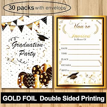 Partyshow 30pcs Graduation Party Invitation With Envelope Gold