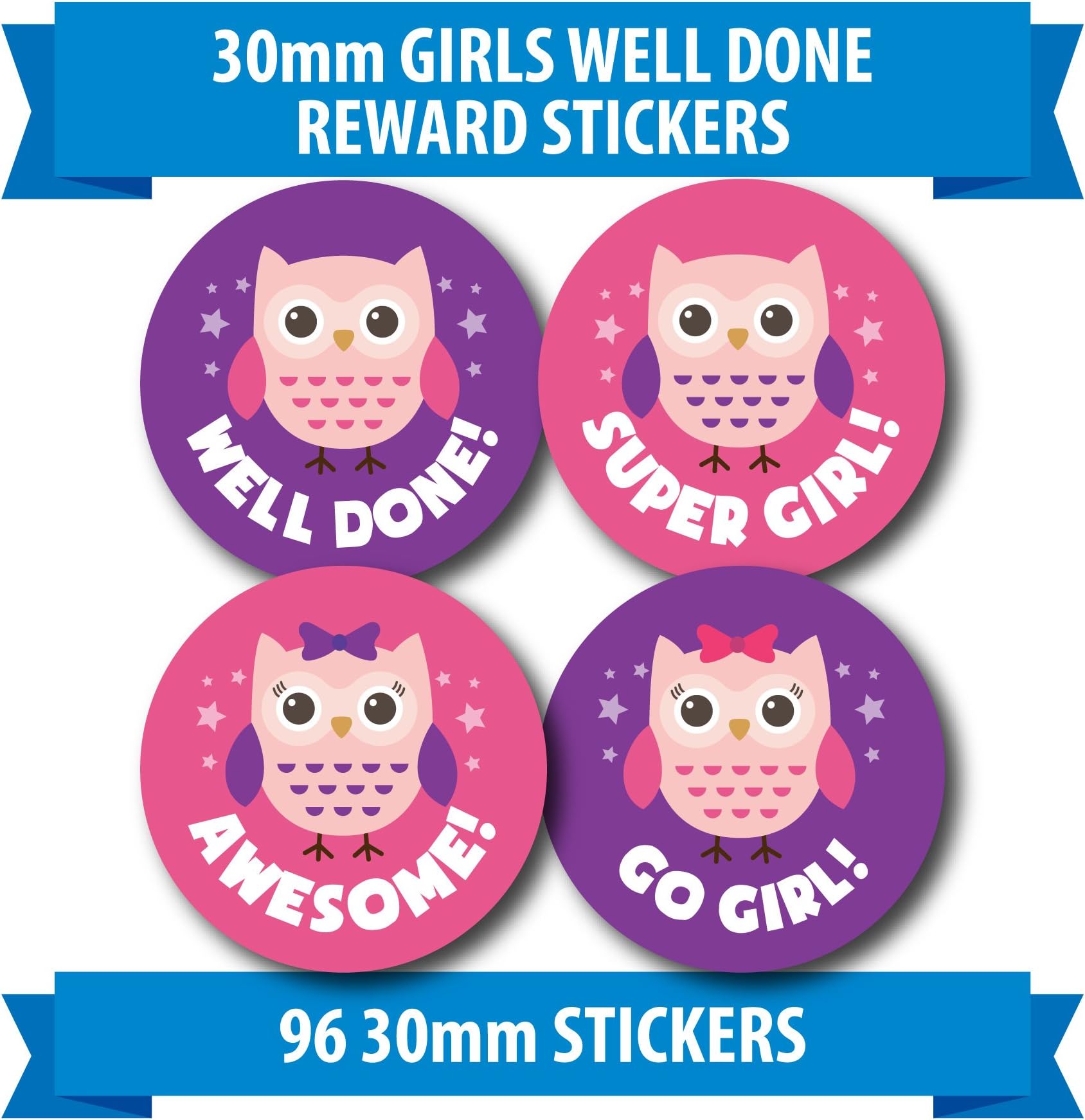 96 30mm "GIRLS WELL DONE" pink owl children reward stickers stars bow
