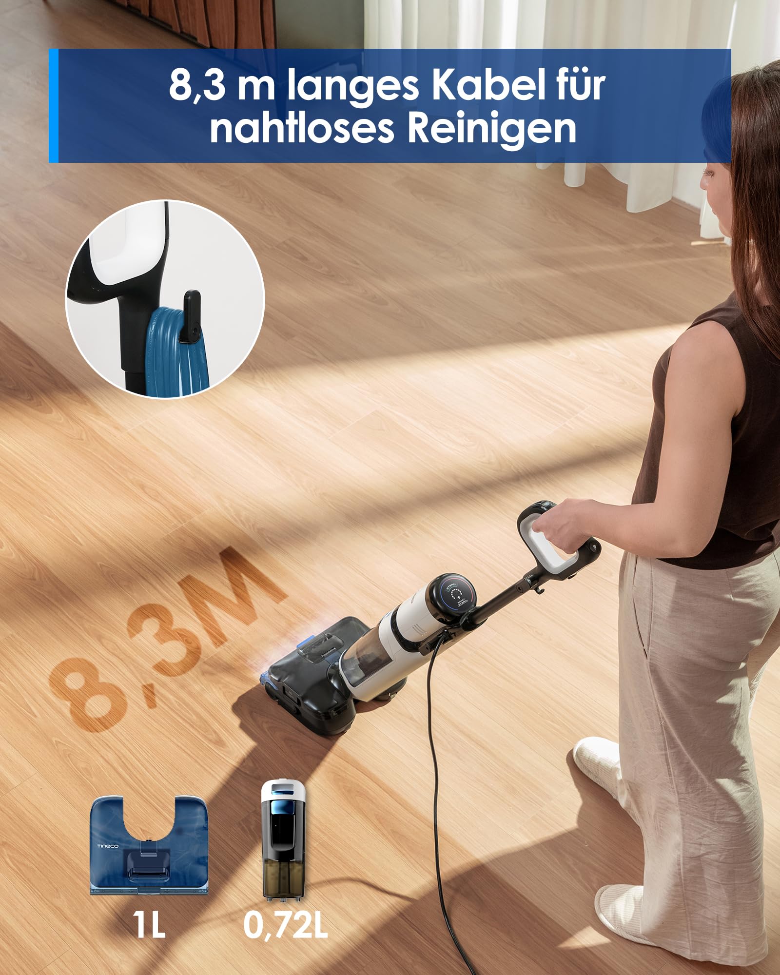 Tineco FLOOR ONE S6 Stretch Steam Nass Trockensauger, 160 °C Tineco BoostSteam, Anti-Verwicklungs-Design, FlashDry Selbstreinigung, Dampfreiniger mit Kabel für eingetrocknete Flecken und Fugen 8