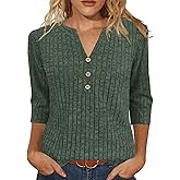 JomeDesign Sweaters for Women 3/4 Sleeve V Neck Shirts Dressy Casual Blouses Loose Fit Tunic Tops