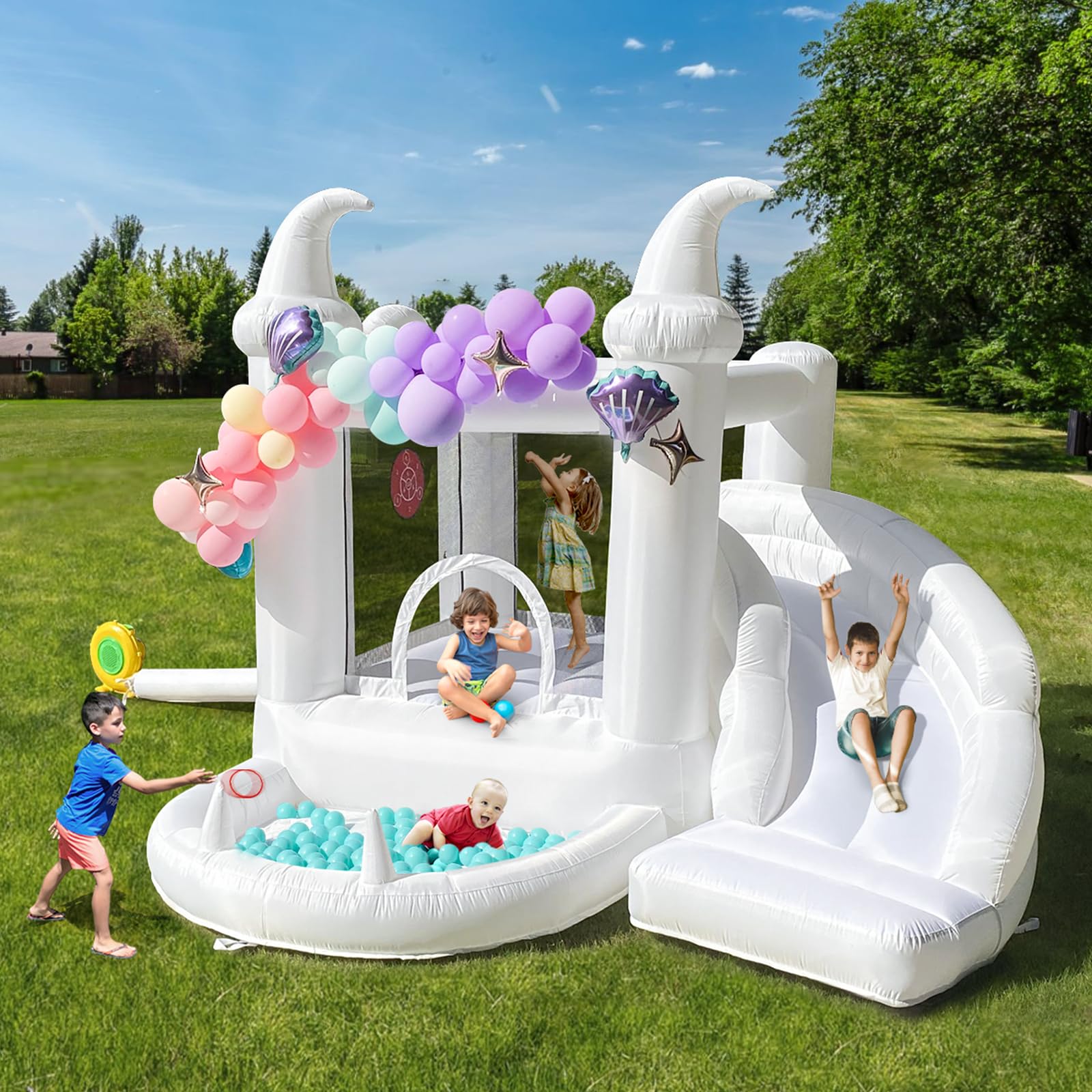 White Bounce House with Pool and Slide, UL Blower Included-Portable, Inflatable Bounce House, Basket-Hoop Inside, Kids Indoor and Outdoor Bounce House (Oxford material-10' L X 9.5' W X 7.2' H)