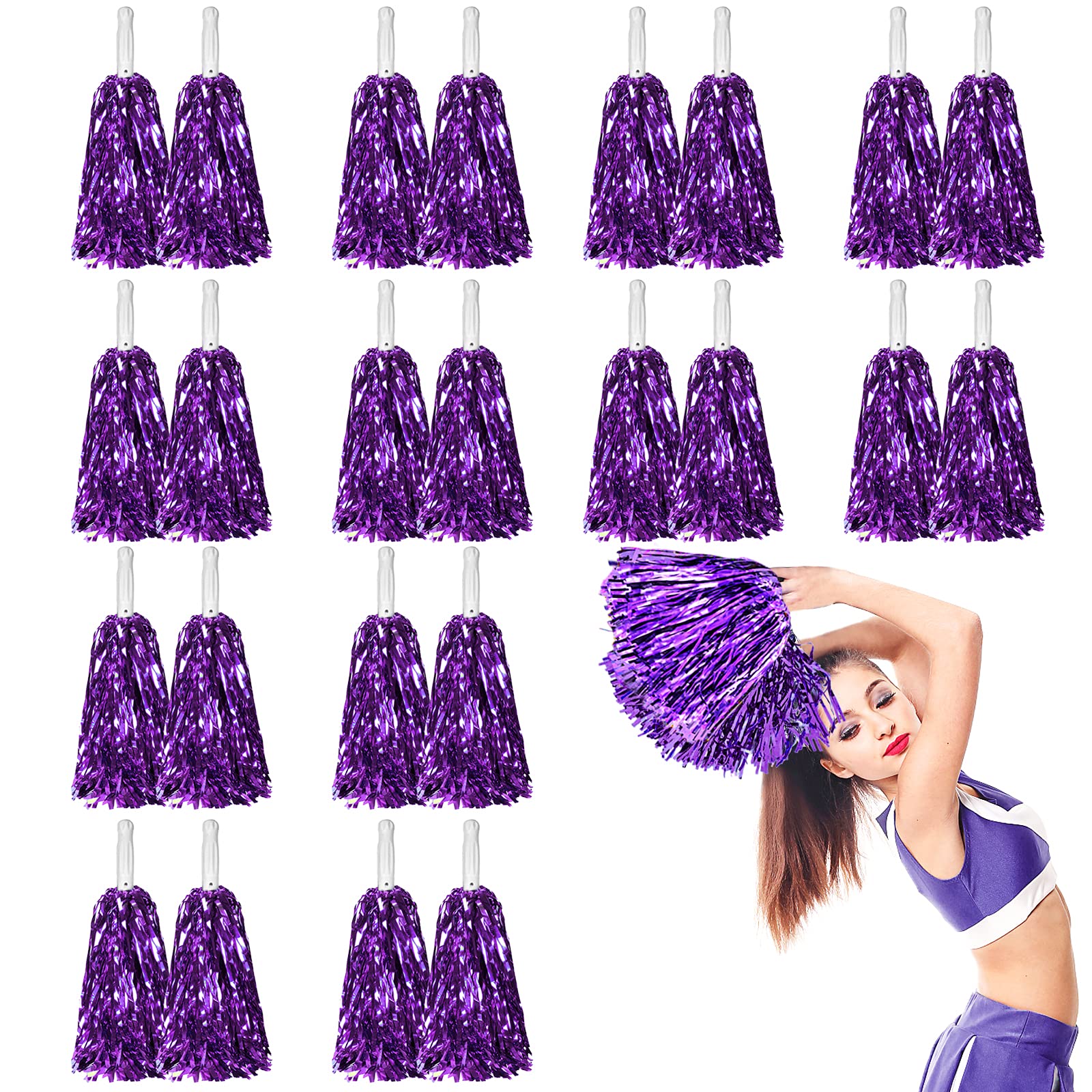 24 Pcs Metallic Cheerleading Pom Poms for Kids, Cheerleaders Cheer Pom Poms with Baton Handle, LINYAPRY Cheering Squad Hand Flower for Adults Team Spirit Sports Game Dancing Party (Purple)