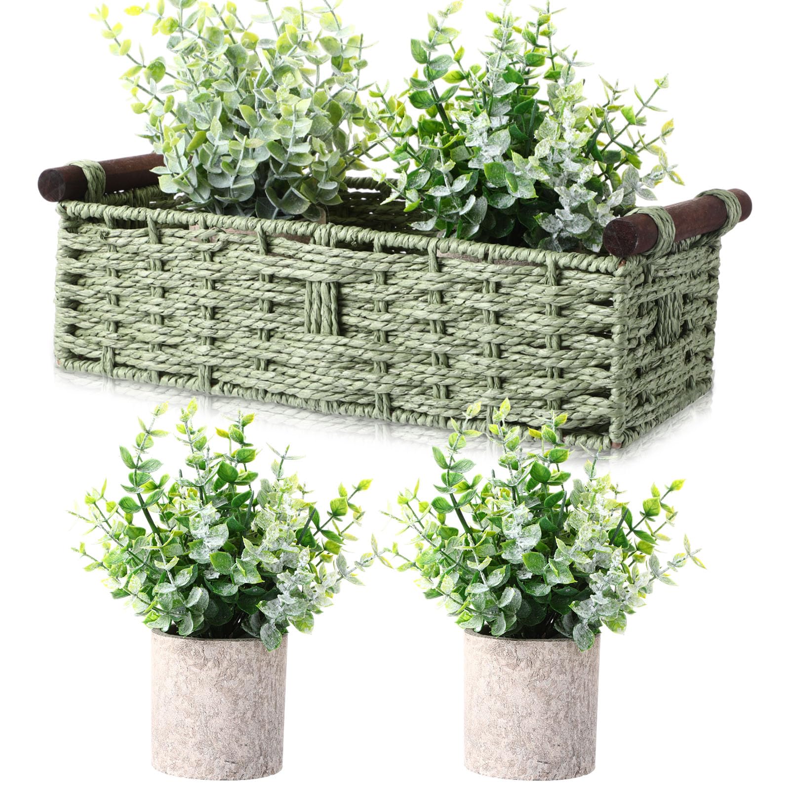 Photo 1 of Capoda Green Storage Wicker Baskets with Fake Plants Eucalyptus Potted Toilet Tank Topper Paper Basket Toilet Tray Decorative Storage Bin for Countertop and Shelves Home Bathroom Farmhouse Table Decor