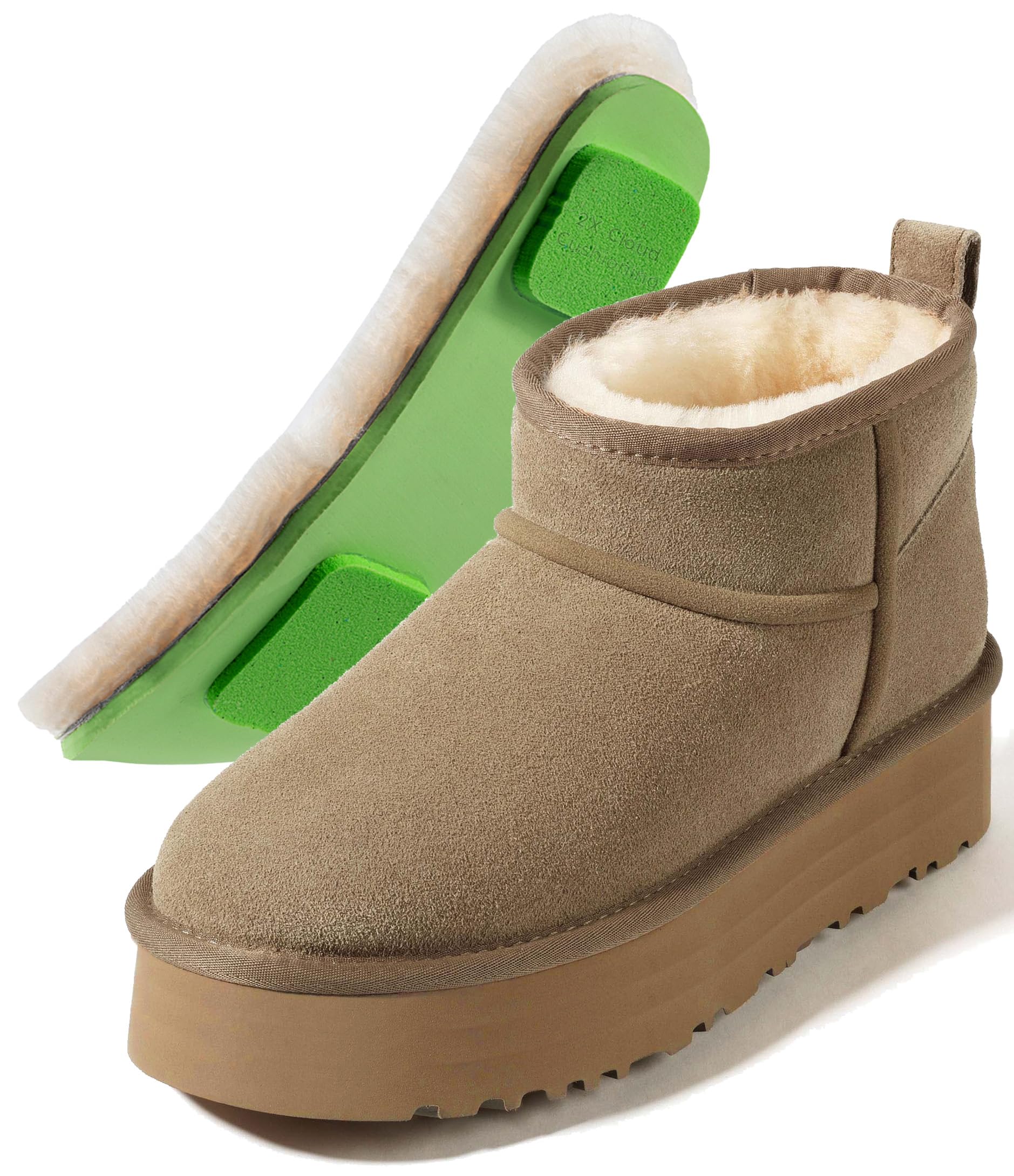 Mel&Syd 100% Australian Sheepskin Mini Boots Women - Waterproof Suede Platform Snow Boot - Wool Shearling lined Short Winter Boot Lightweight Non Slip Momery Foam Sole - Warm Comfy Fur Ankle Boots Olive 9 Image