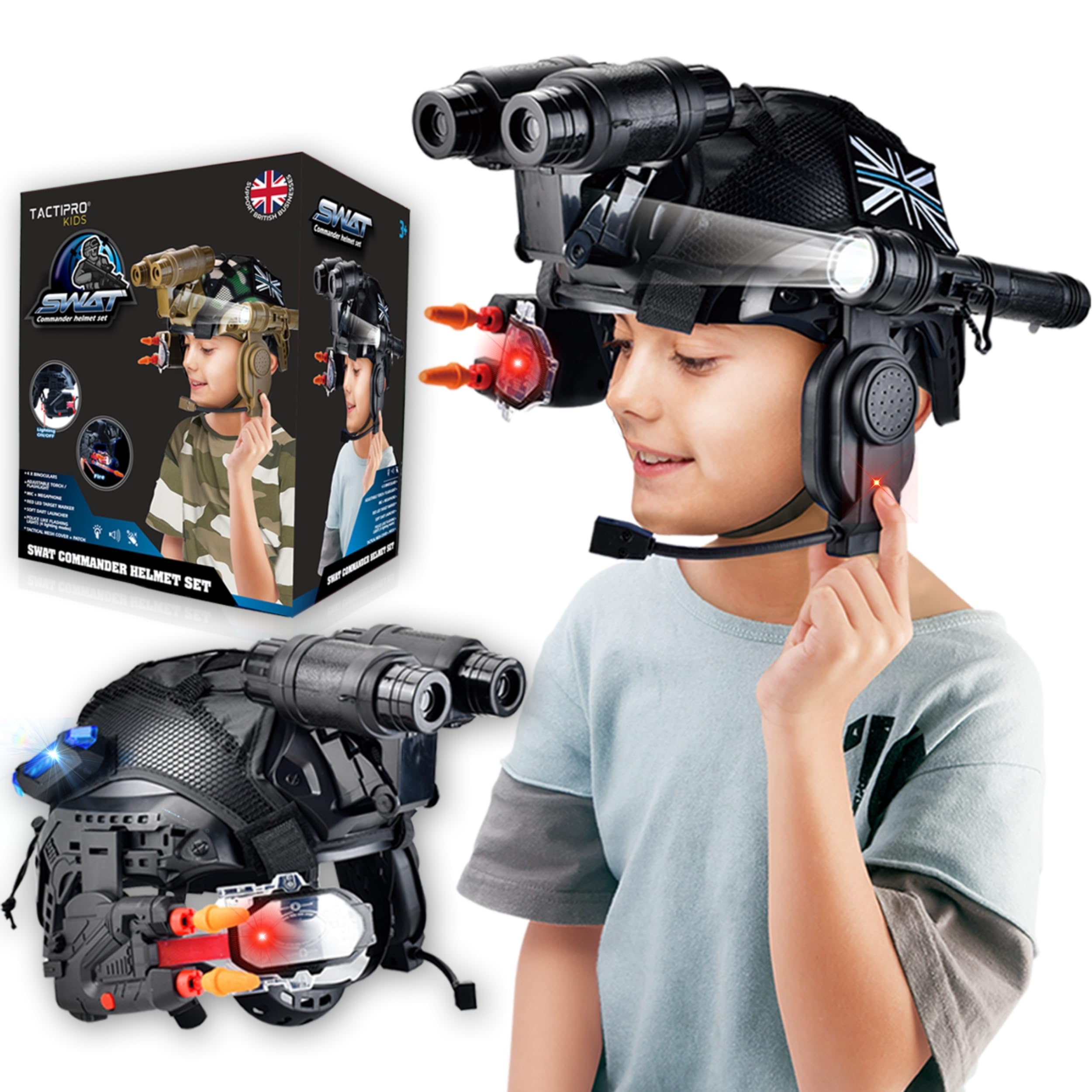 Tactipro Police kids toy soldier Army SWAT Helmet Commander Set. Includes Removable Accessories Torch, megaphone led scope, dart toy gun & 4X Binoculars, for hours of fun