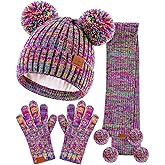 Kids Winter Hat Gloves Scarf Set, Girls Toddler Children Beanie with Pom Knit Neck Warmer Gaiter Mittens Fleece Lined Set(Rainbow Mix)