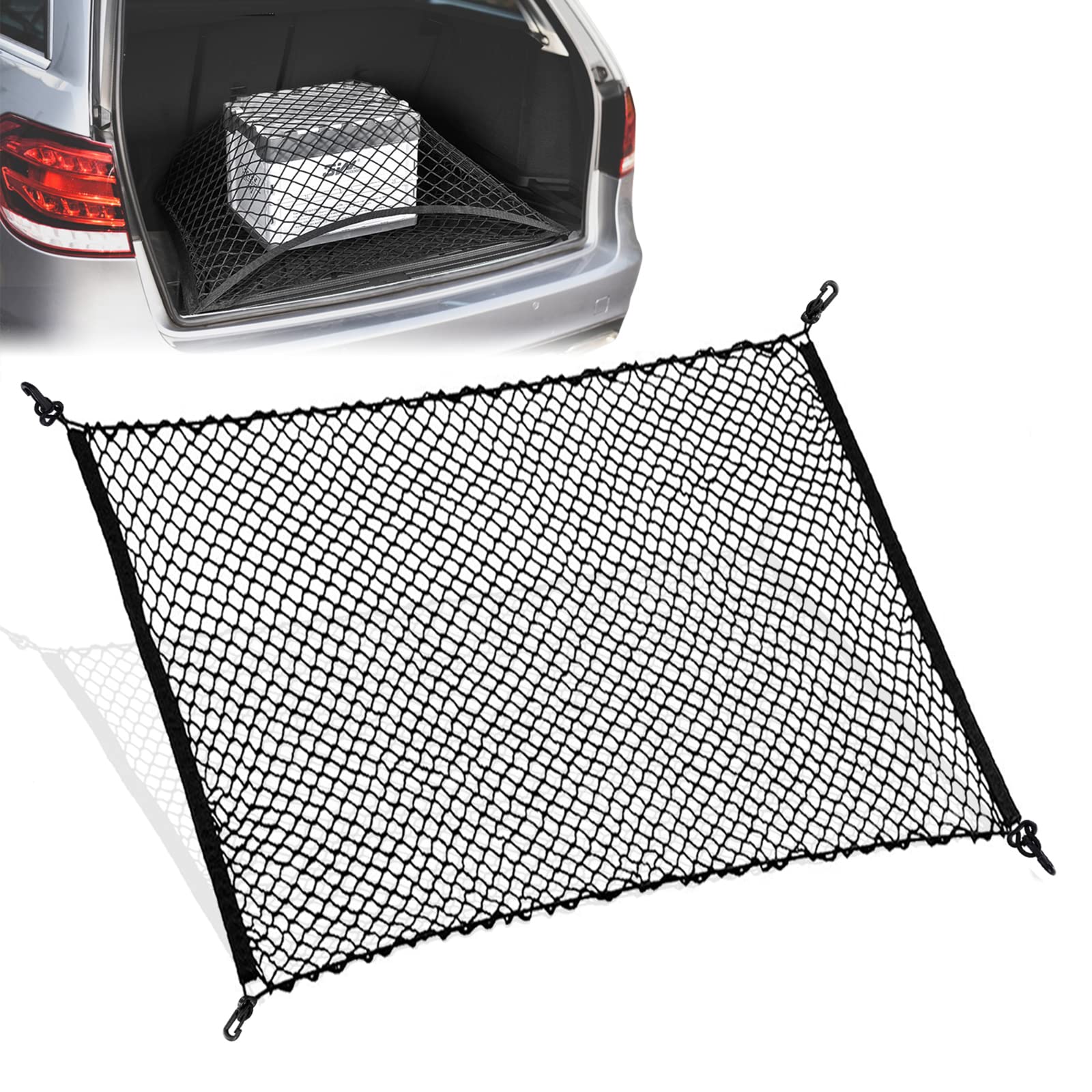 Tusenpy Car Trunk Net with 4 Hooks,90cm x 105cm Elastic Nylon Baggage Cargo Fixed Net,Flexible Cargo Organizer Net for Most Types of Cars
