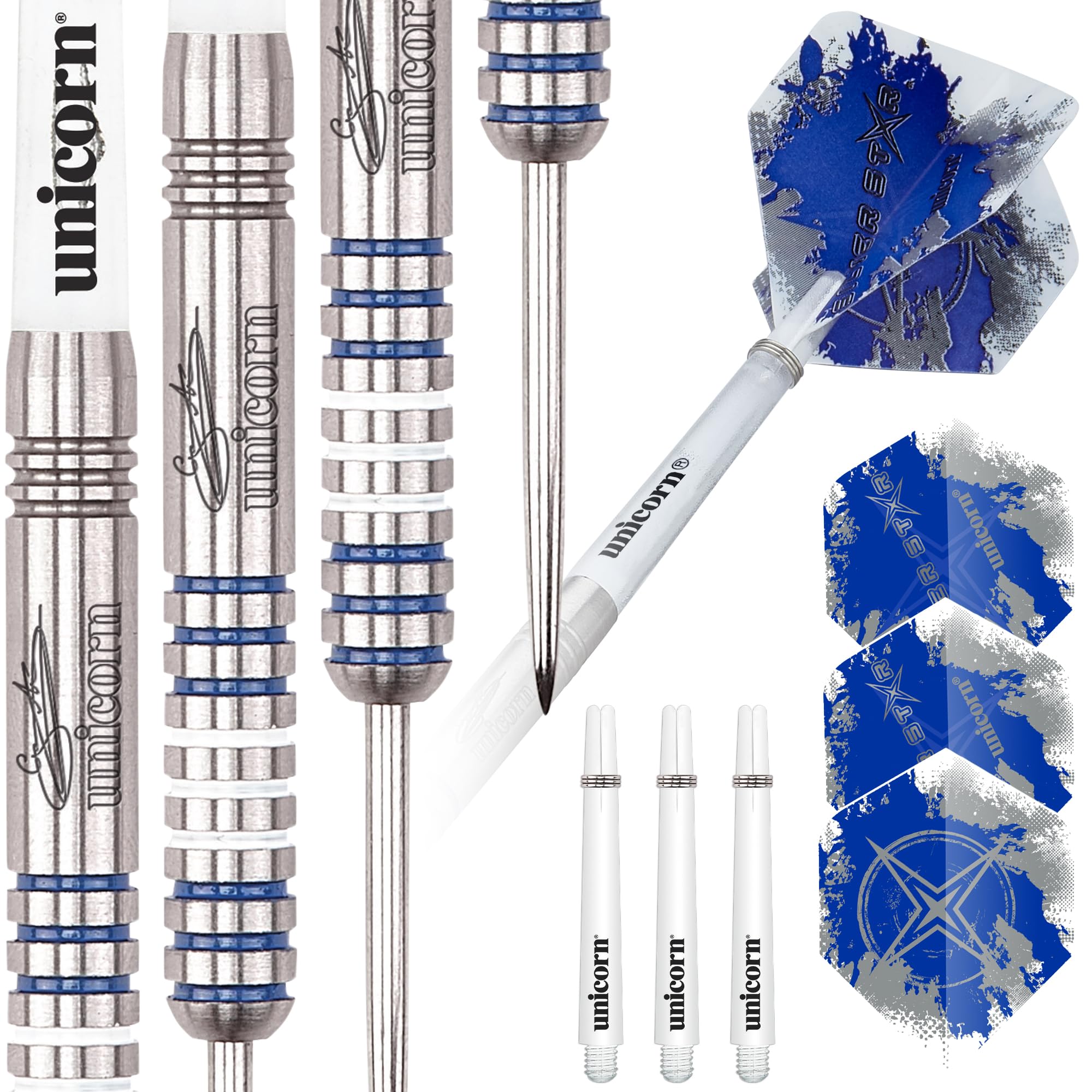 Unicorn Steel Tip Professional Darts Set | Gary 'The Flying Scotsman' Anderson Silver Star | 80% Natural Tungsten Barrels with Blue Accents | 27 G