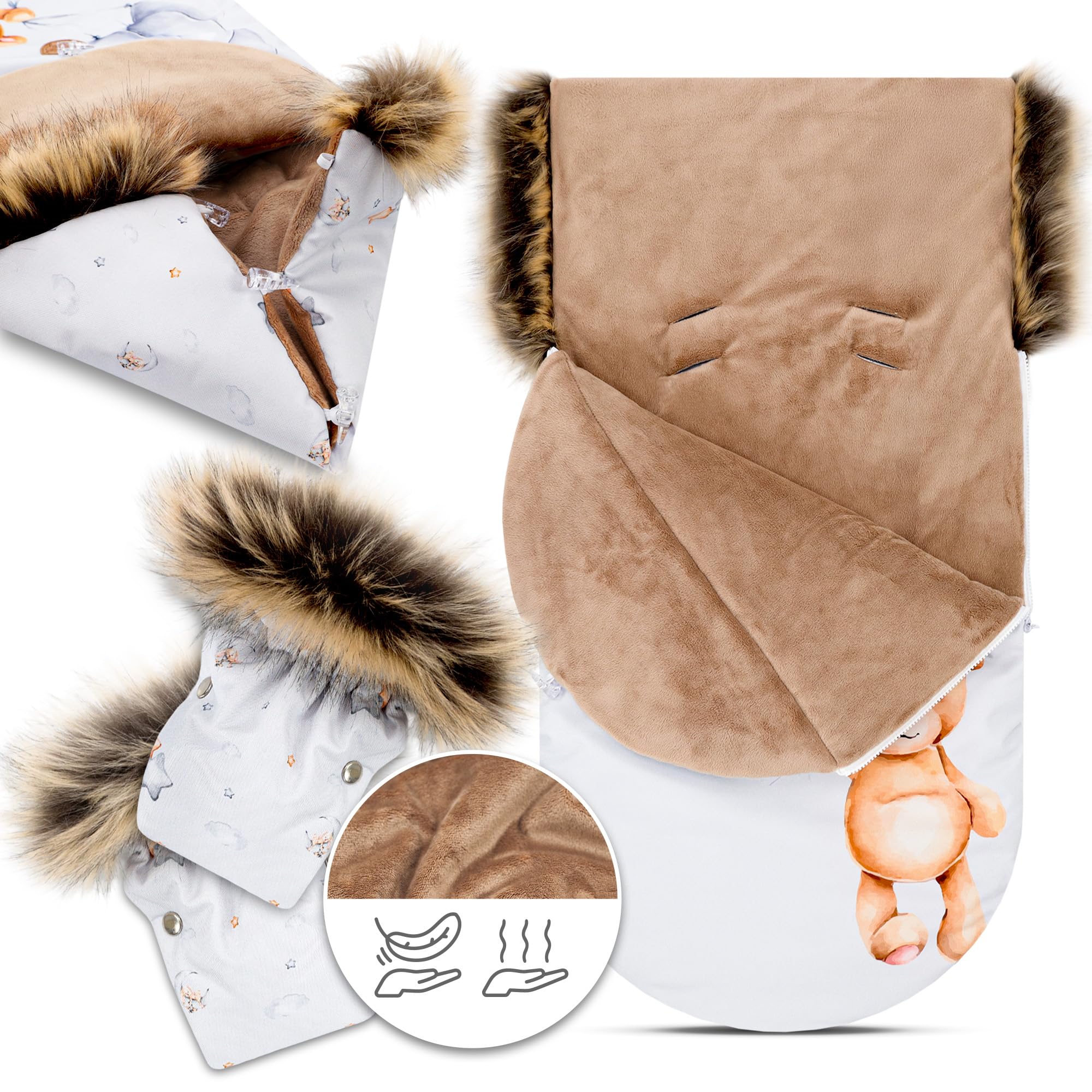 Fußsack Kinderwagen und Buggy für Winter Premium Set 90x45 cm - Fusssack Winterfußsack warme Einlage Einschlagdecke Baby Zubehör mit extra Handschuhen Teddybären 2