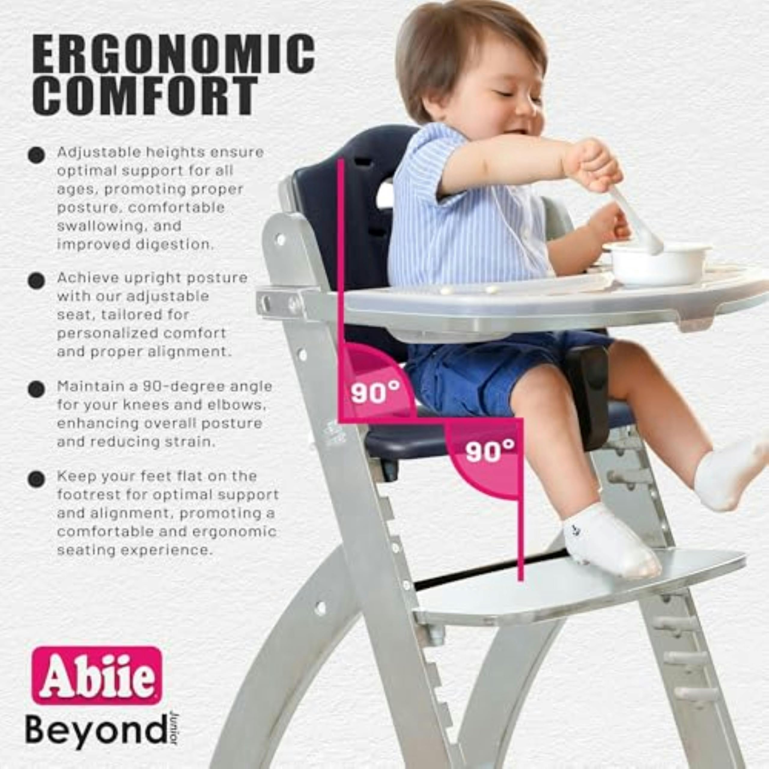 Abiie Beyond Junior Wooden High Chair with Tray - Adjustable and Convertible High Chair for Babies and Toddlers - 6 Months to 250 Lb - Water Resistant - Natural Wood/Dove Grey Cushion
