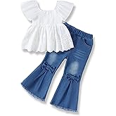 XUANHAO Toddler Girl Clothes Summer Smocked Shirts Tops Denim Bell Bottom Jeans Pants Outfits Kids Girl's Clothing Sets